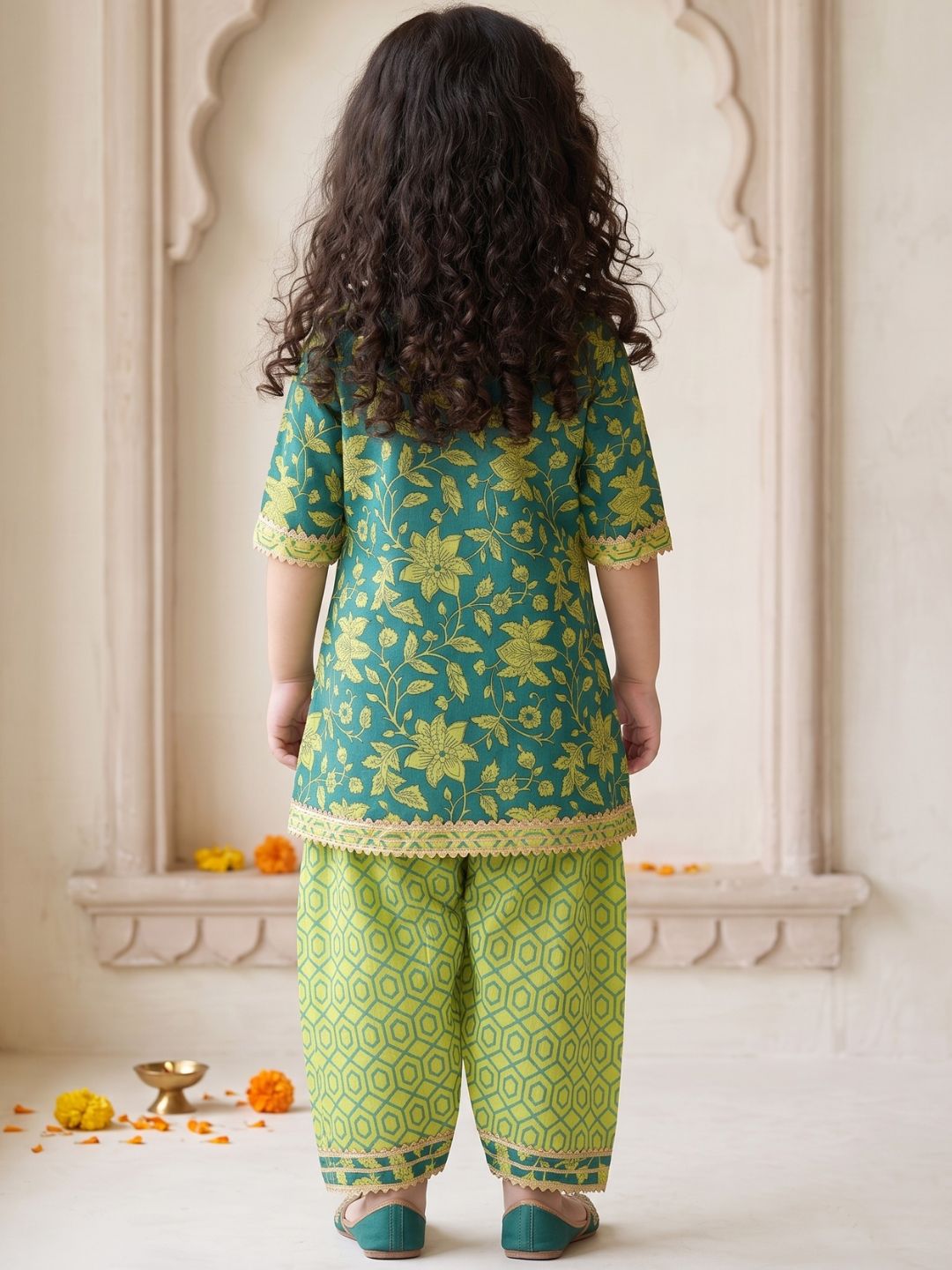 Girls Green Floral Print Pure Cotton Patiala Suit for Kids
