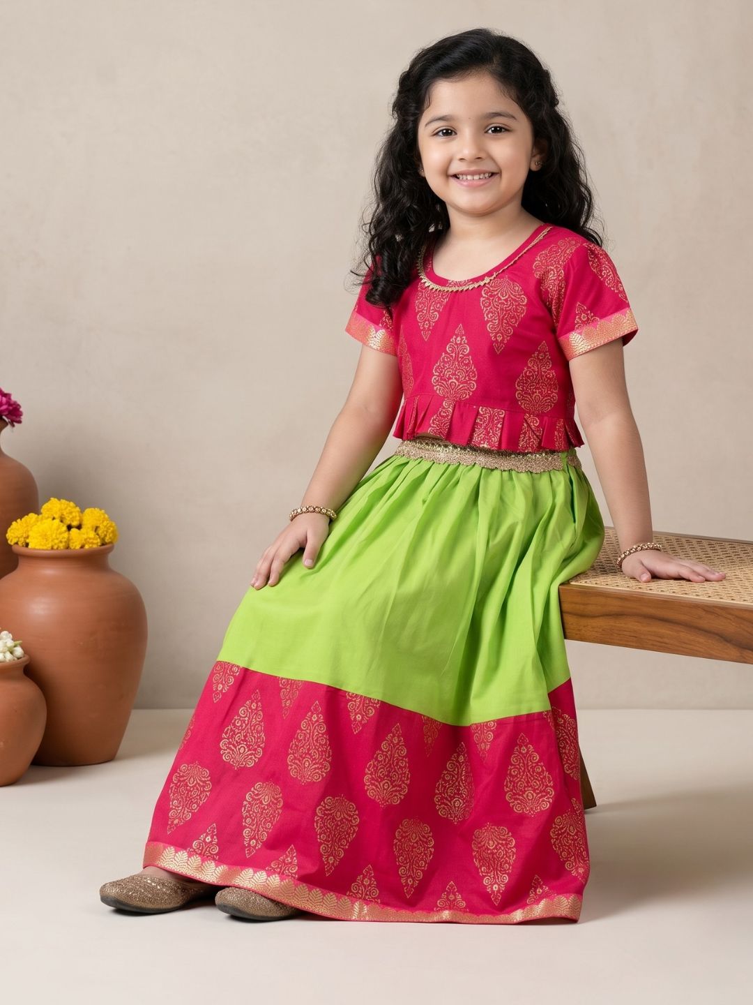Girls Pink Block Print Cotton Blend Lehenga Choli for Girls
