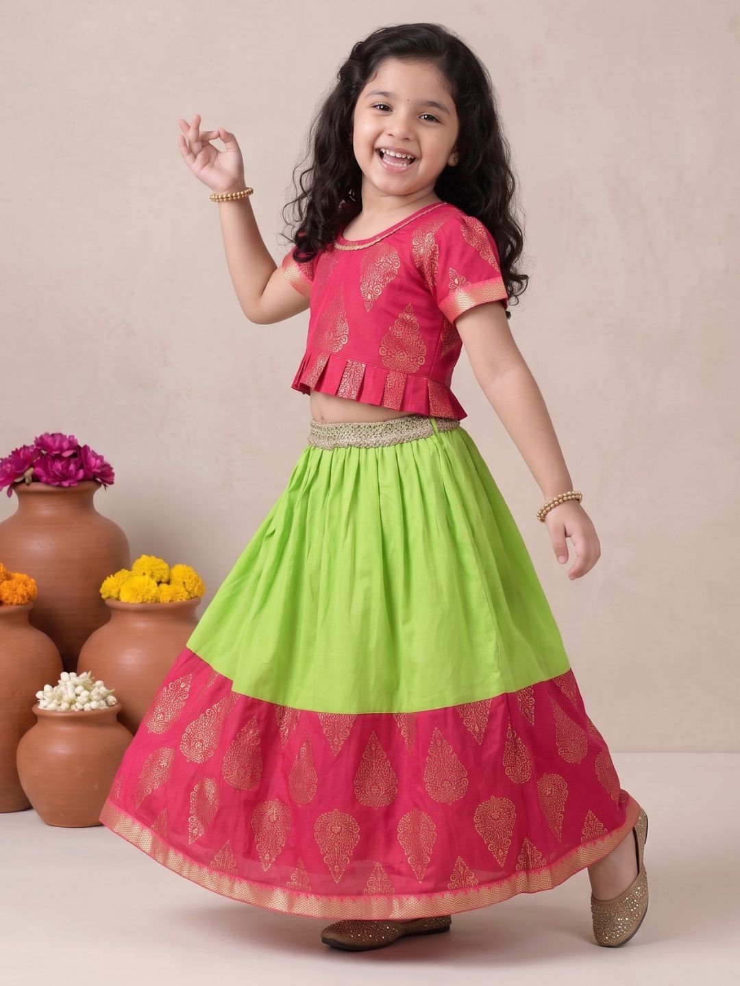 Girls Pink Block Print Cotton Blend Lehenga Choli for Girls