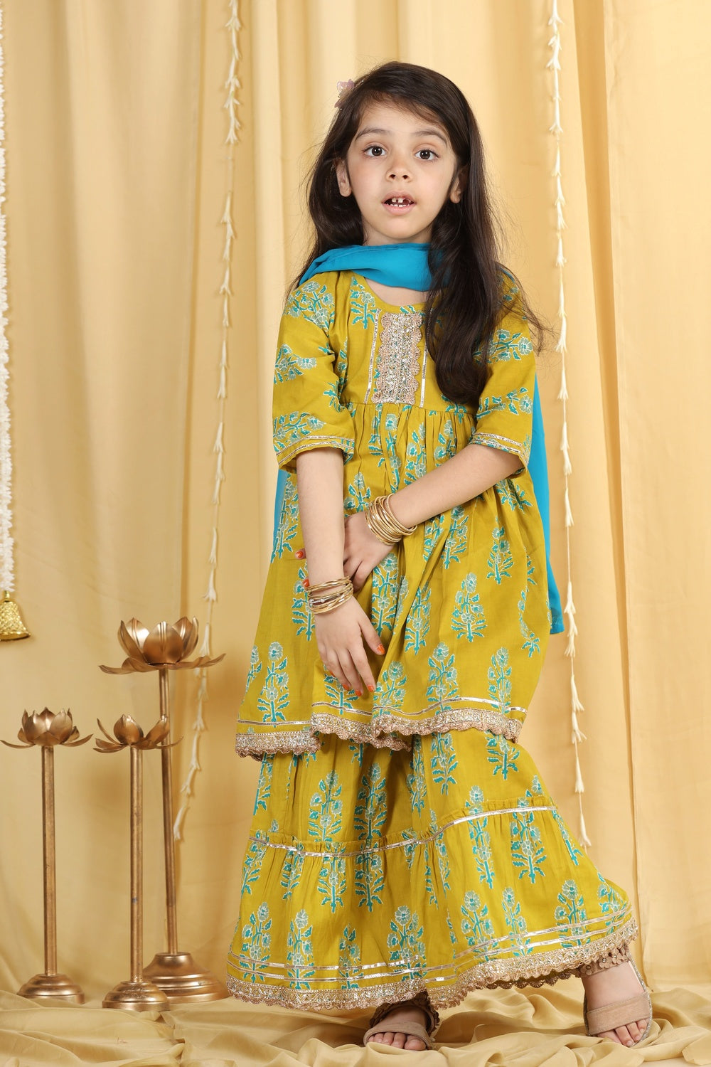 Kids Girls Green Block Print Pure Cotton Sharara - AJ Dezines