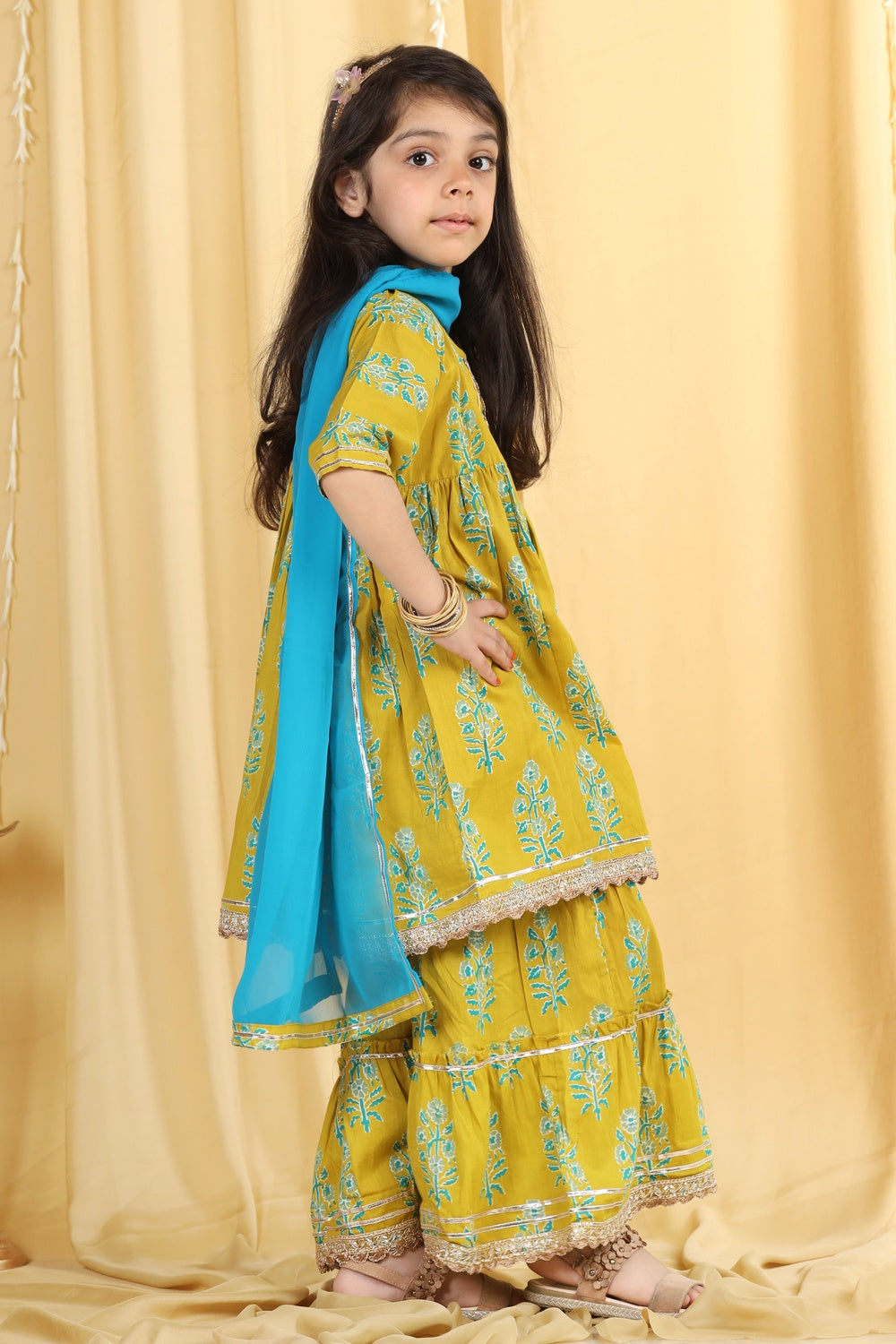 Kids Girls Green Block Print Pure Cotton Sharara - AJ Dezines