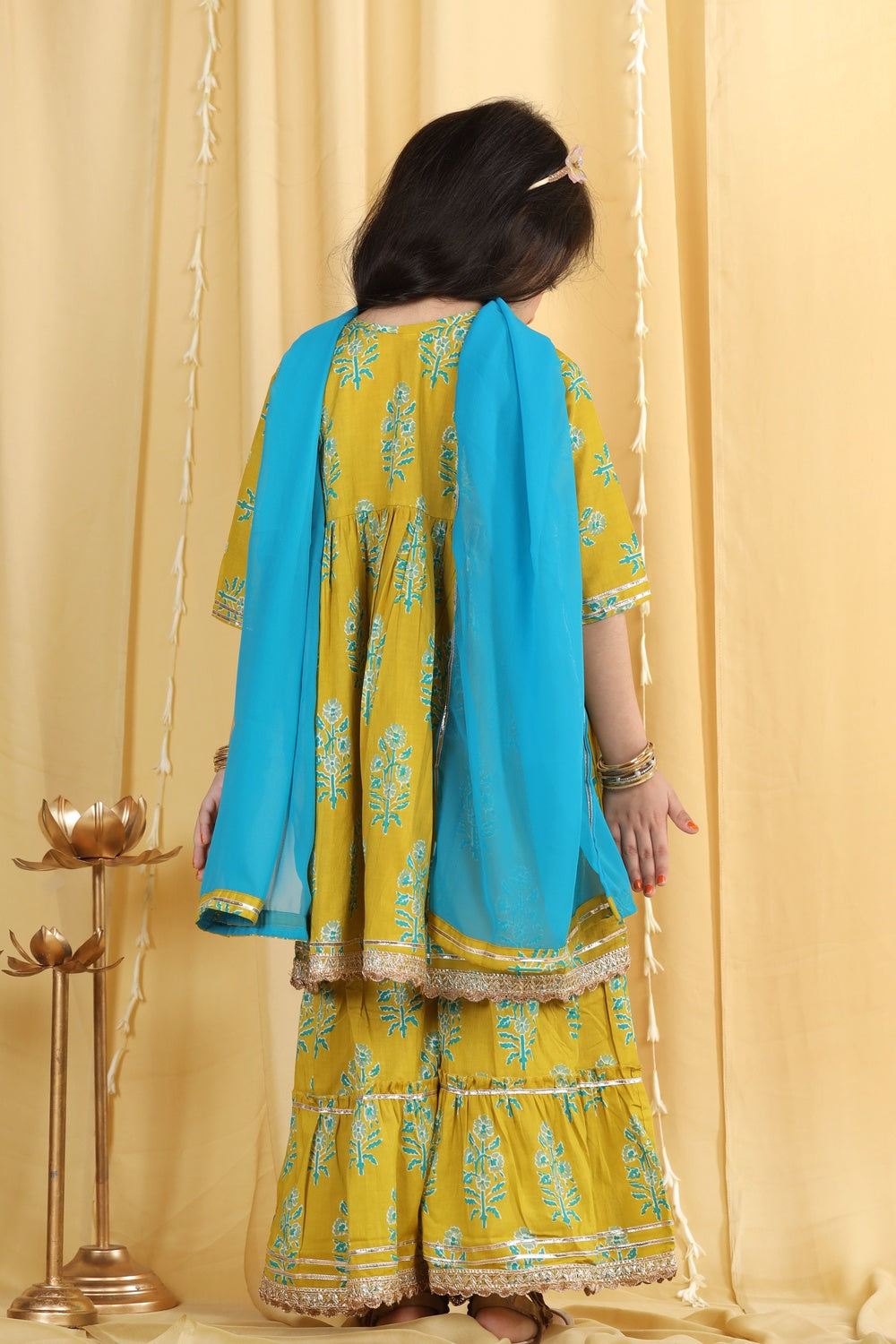Kids Girls Green Block Print Pure Cotton Sharara - AJ Dezines