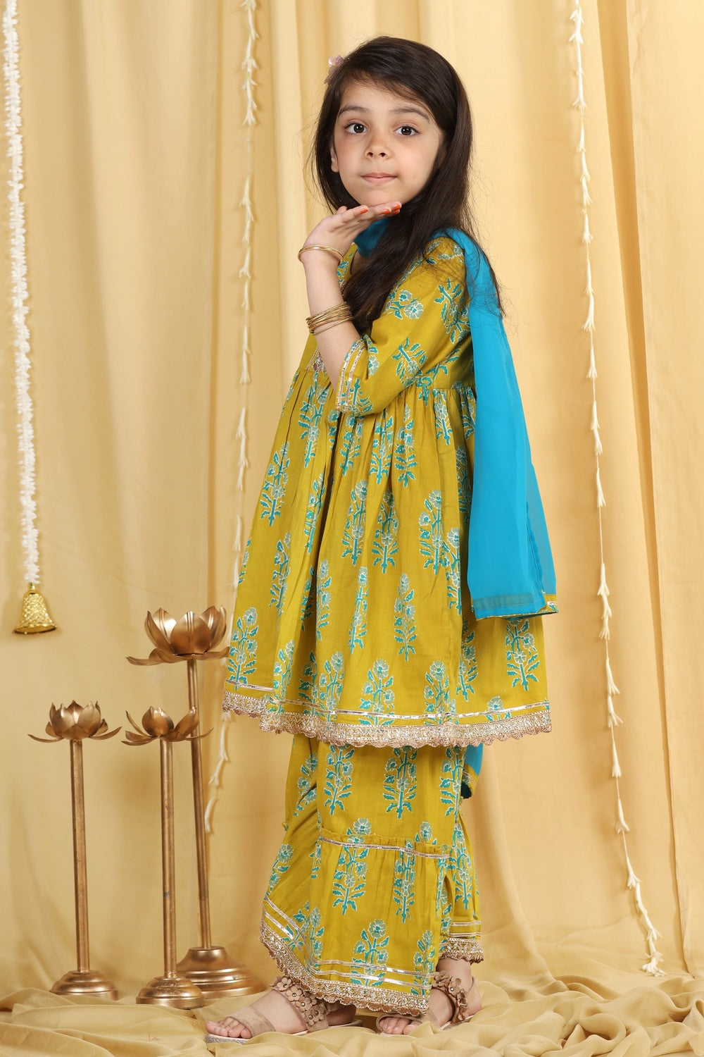 Kids Girls Green Block Print Pure Cotton Sharara - AJ Dezines