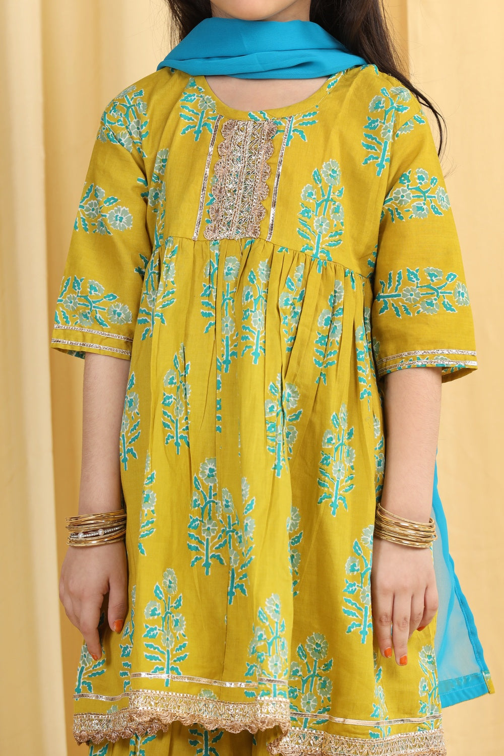 Kids Girls Green Block Print Pure Cotton Sharara - AJ Dezines