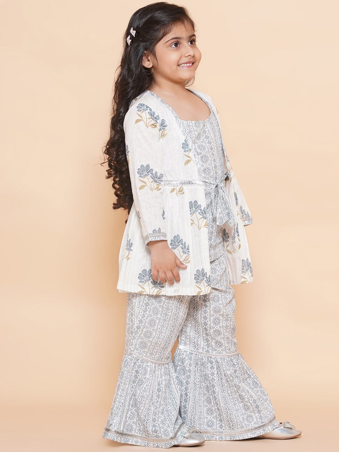 Kids Girls Grey Floral Print Cotton Sharara - AJ Dezines
