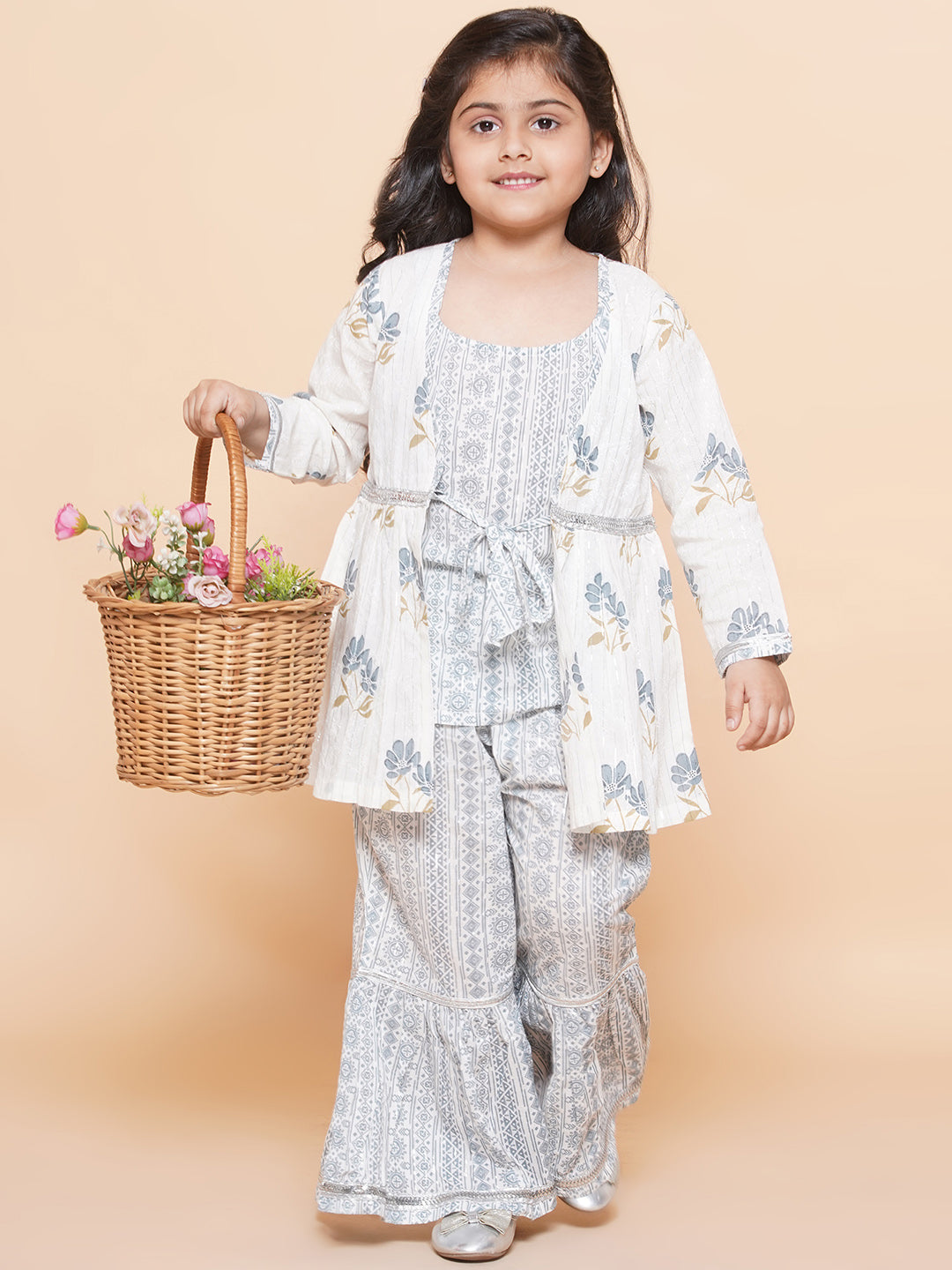 Kids Girls Grey Floral Print Cotton Sharara - AJ Dezines
