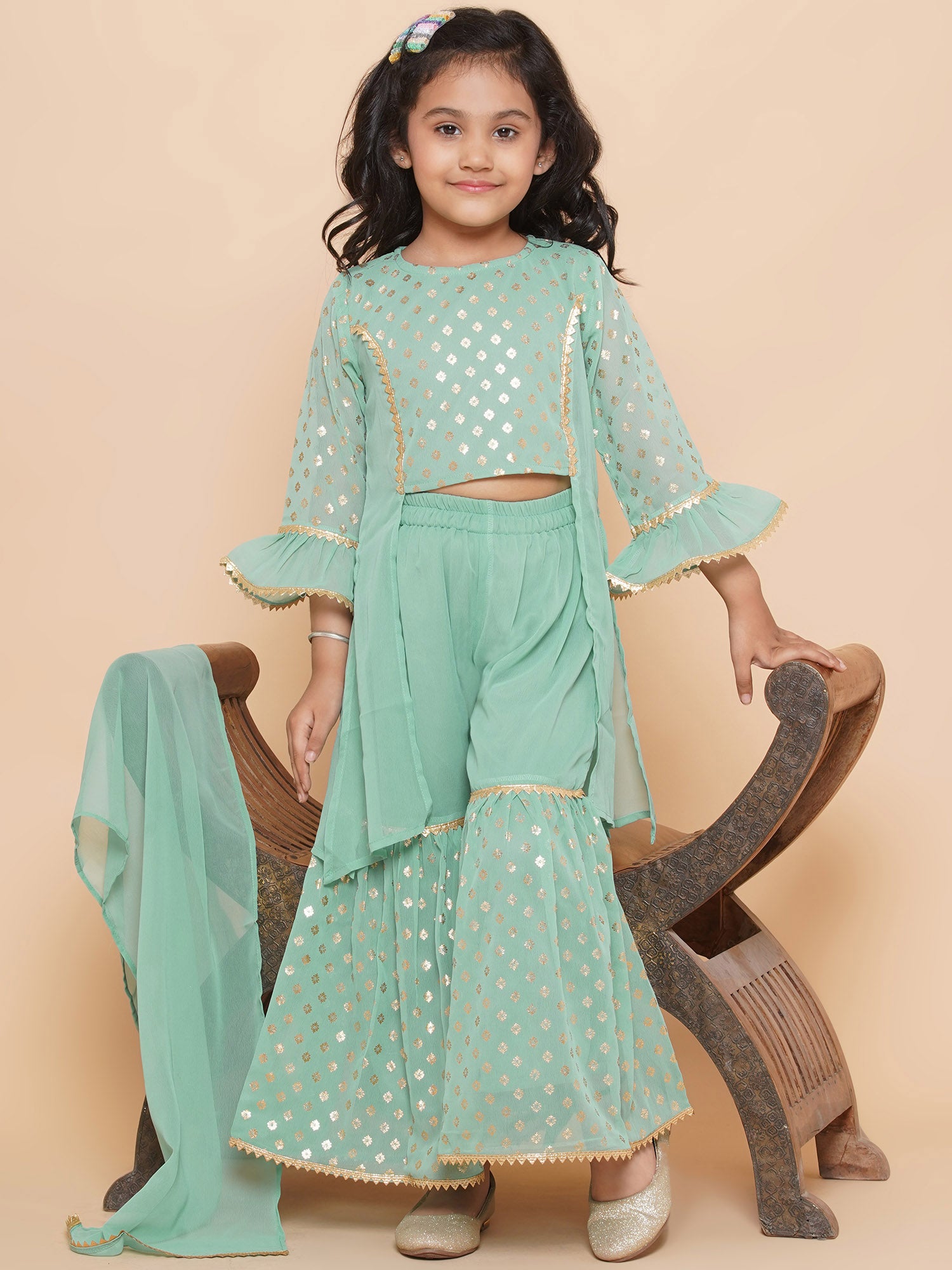 Kids Girls Green Floral Print Georgette Sharara - AJ Dezines