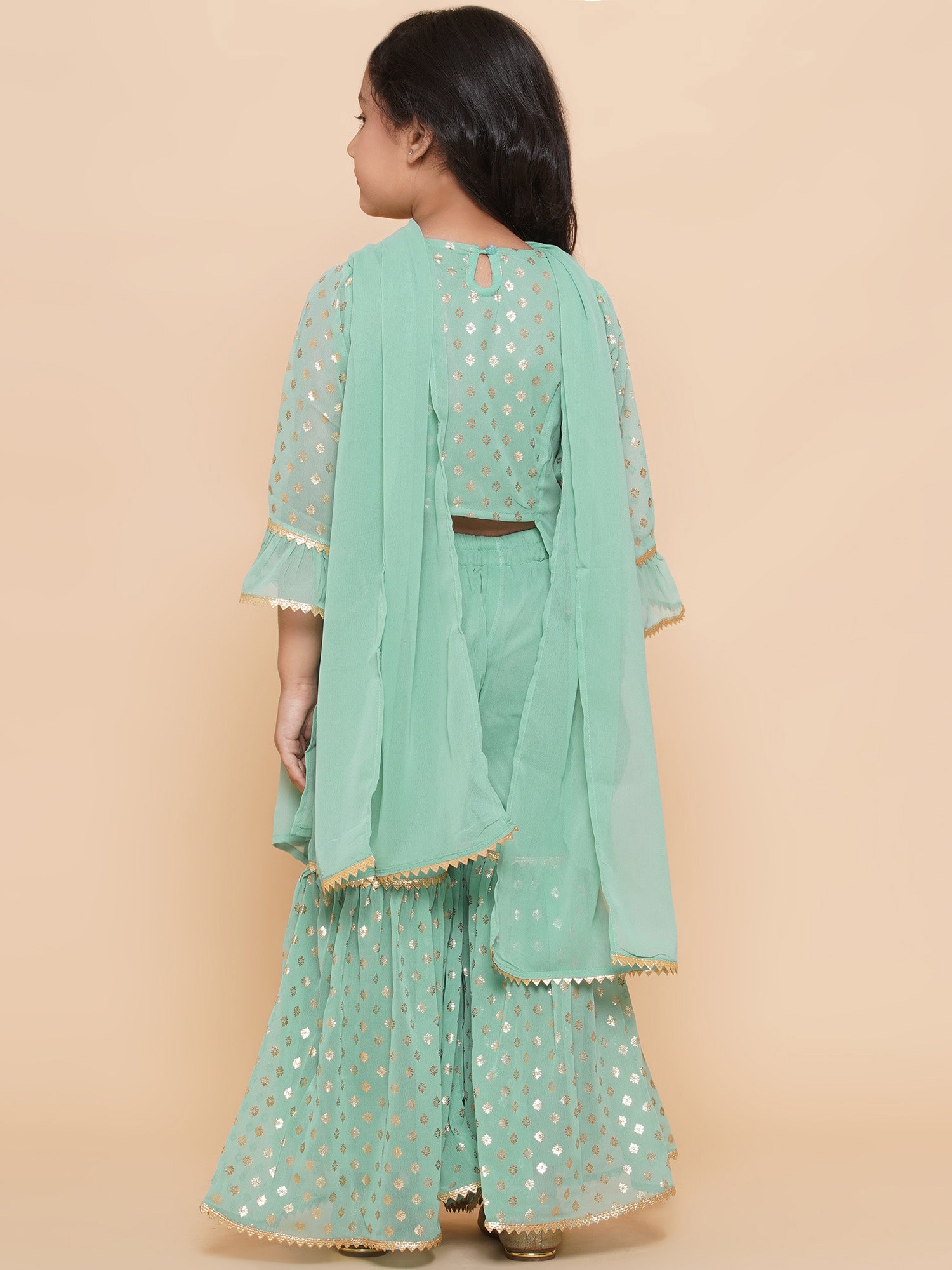 Kids Girls Green Floral Print Georgette Sharara - AJ Dezines