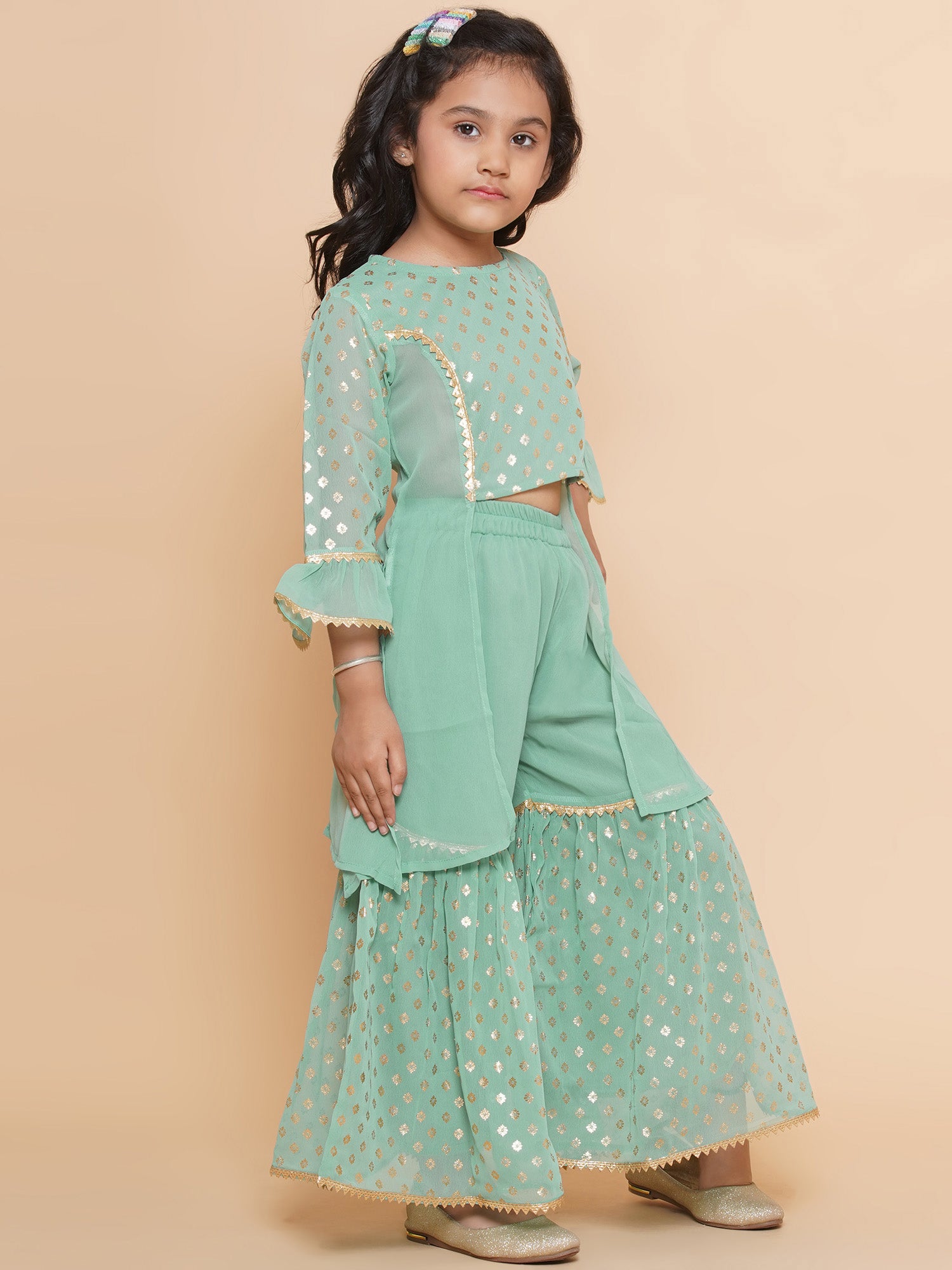 Kids Girls Green Floral Print Georgette Sharara - AJ Dezines