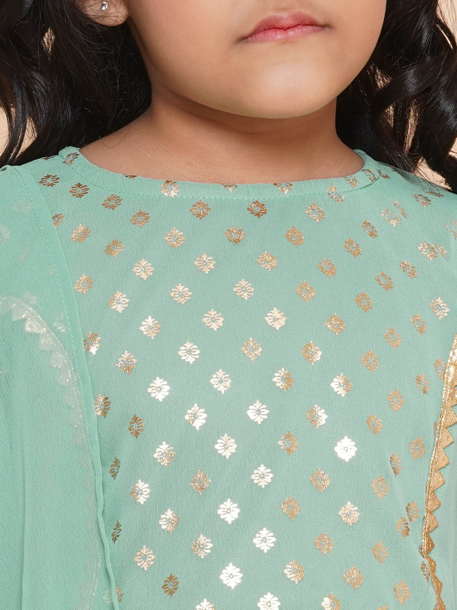 Kids Girls Green Floral Print Georgette Sharara - AJ Dezines