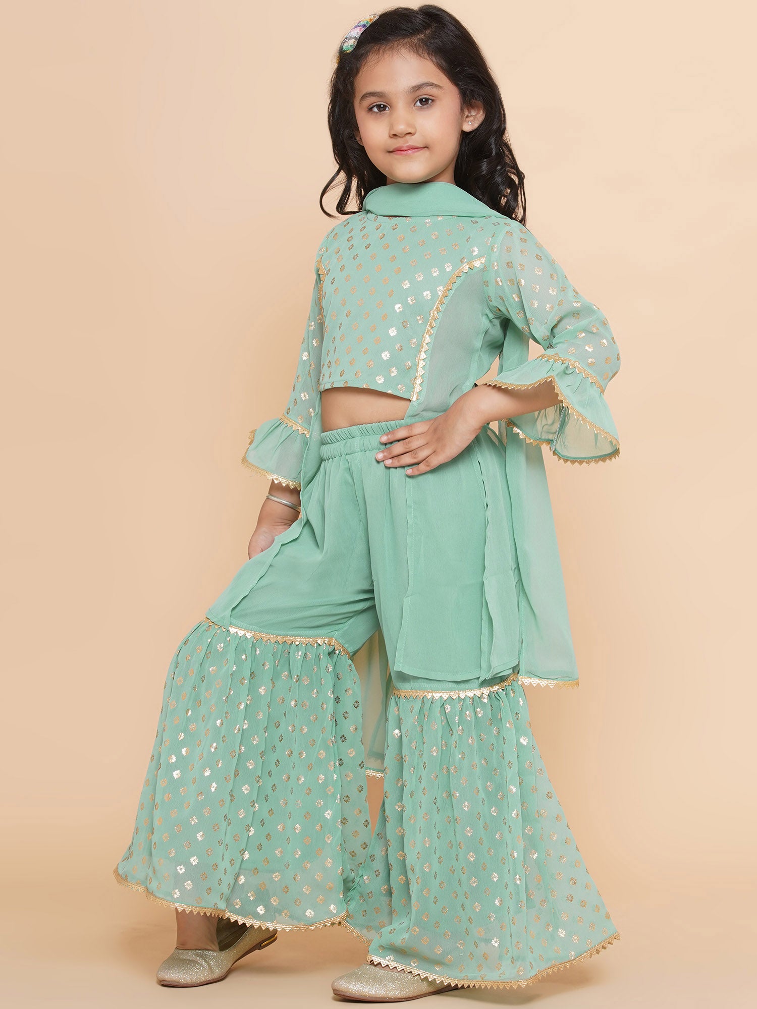 Kids Girls Green Floral Print Georgette Sharara - AJ Dezines