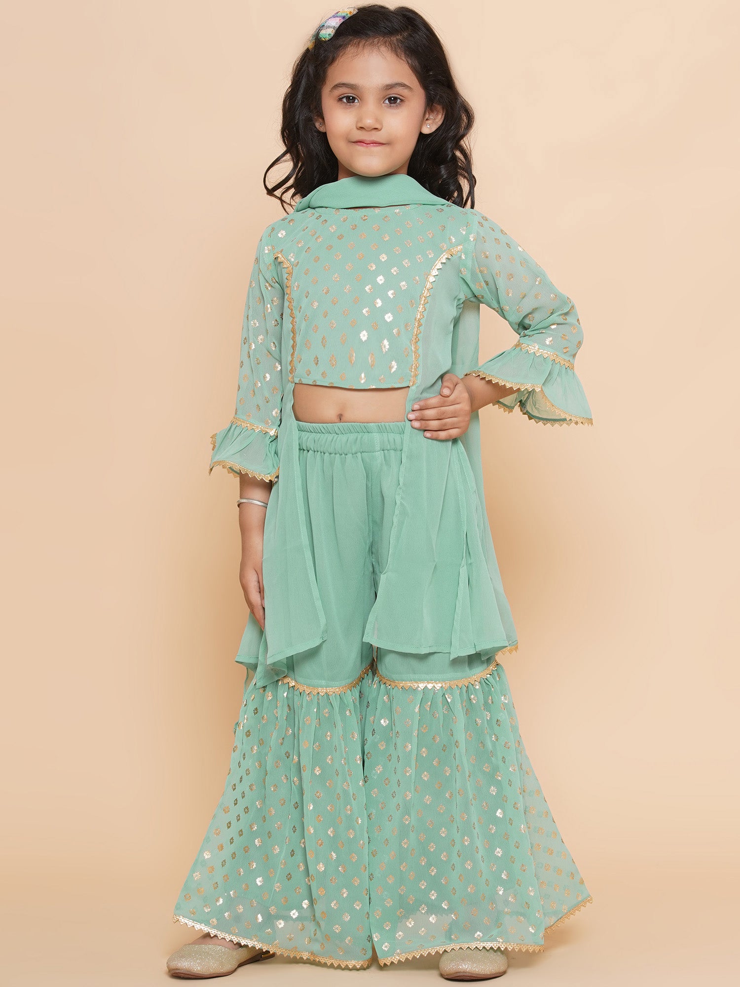 Kids Girls Green Floral Print Georgette Sharara - AJ Dezines