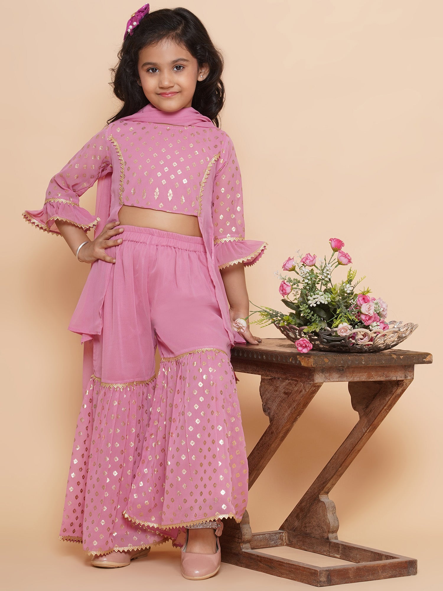 Kids Girls Pink Floral Print Georgette Sharara - AJ Dezines