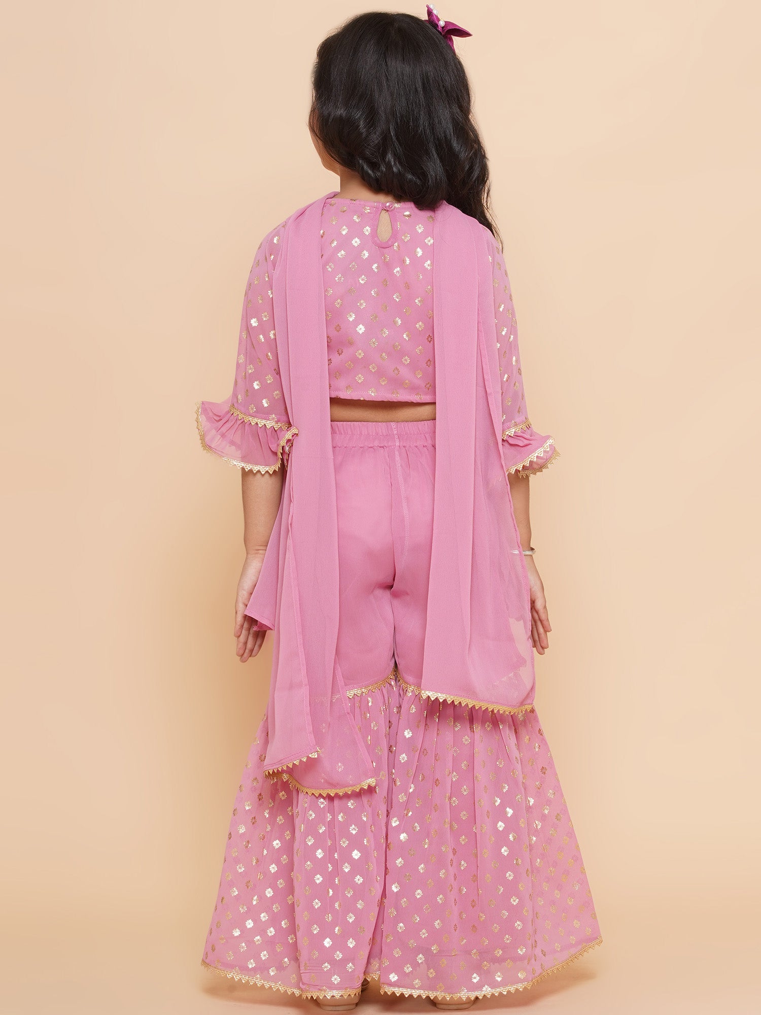 Kids Girls Pink Floral Print Georgette Sharara - AJ Dezines