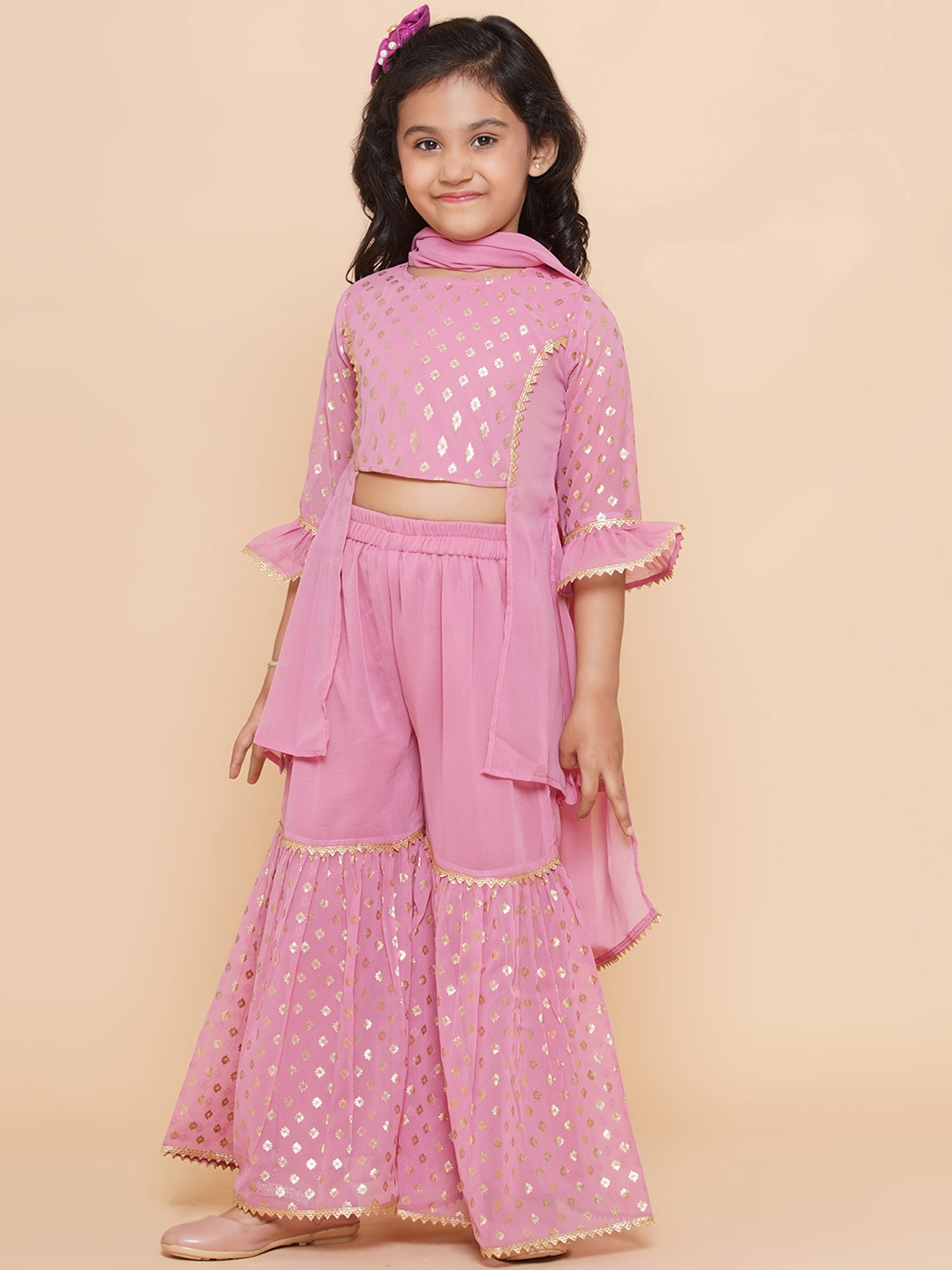 Kids Girls Pink Floral Print Georgette Sharara - AJ Dezines