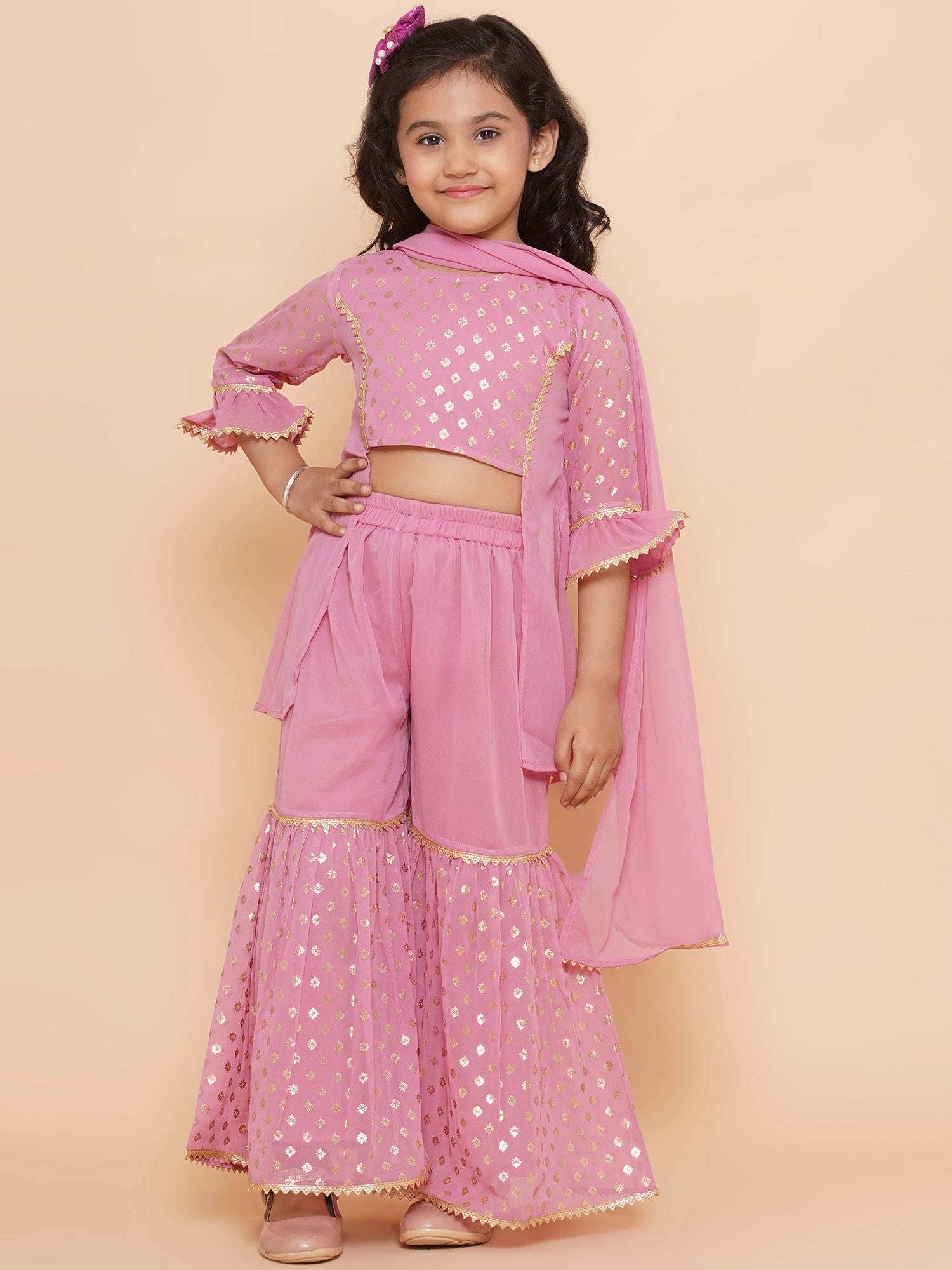Kids Girls Pink Floral Print Georgette Sharara - AJ Dezines