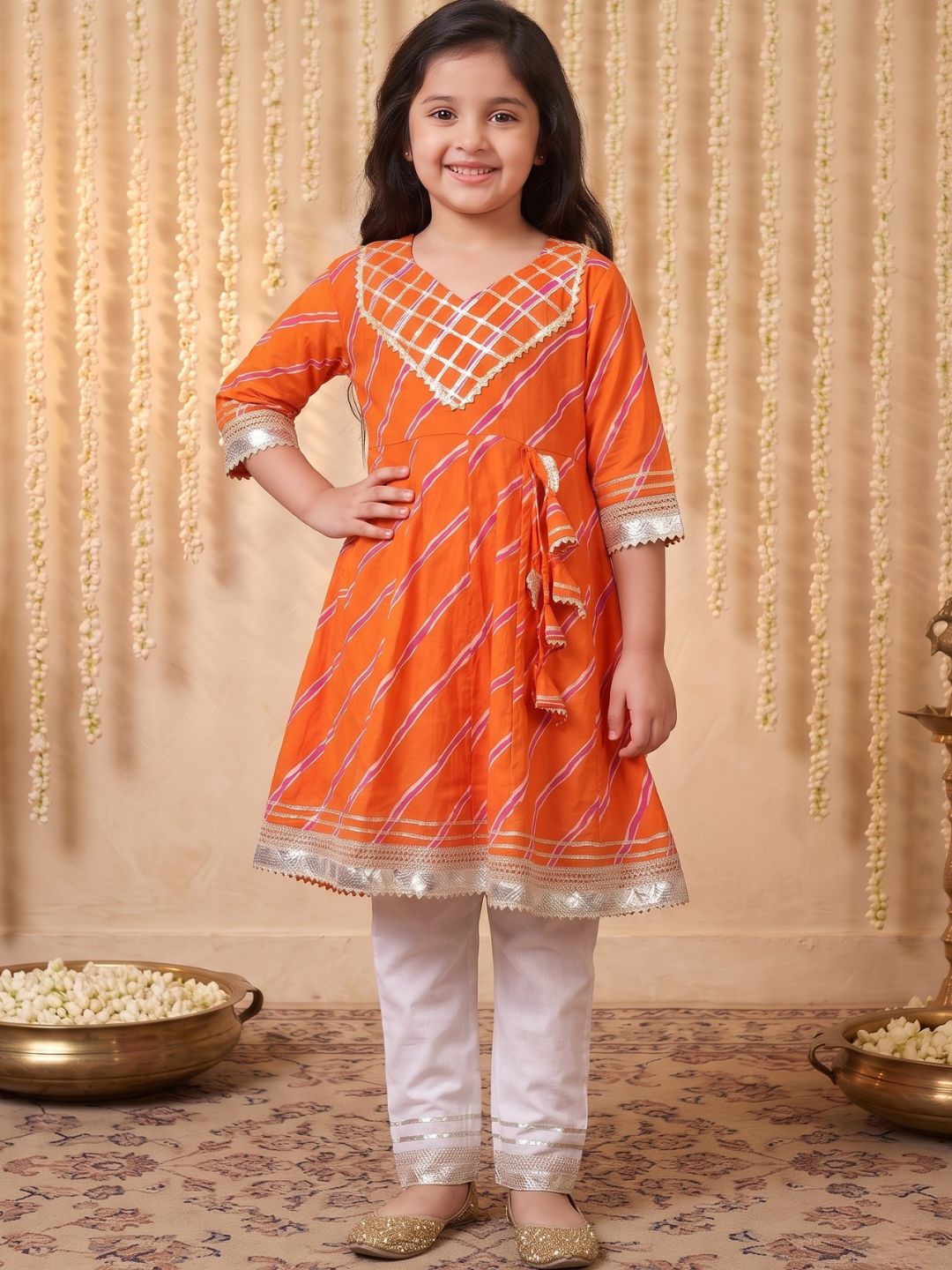 Kids Girls Orange Embroidered Cotton Suit Set