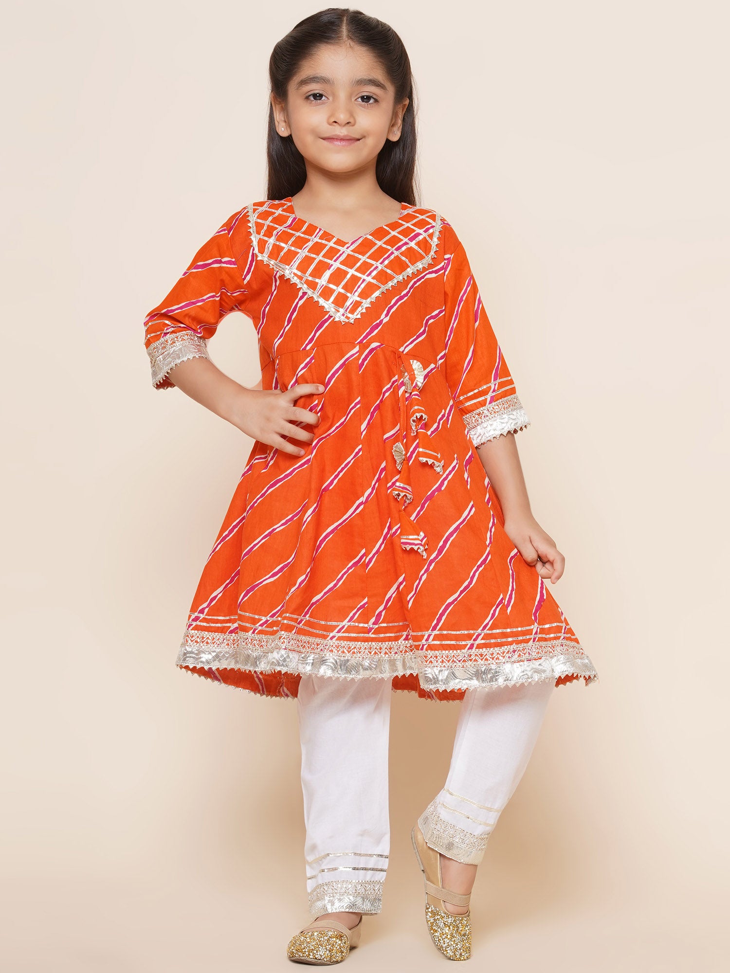 Kids Girls Orange Embroidered Cotton Suit Set - AJ Dezines