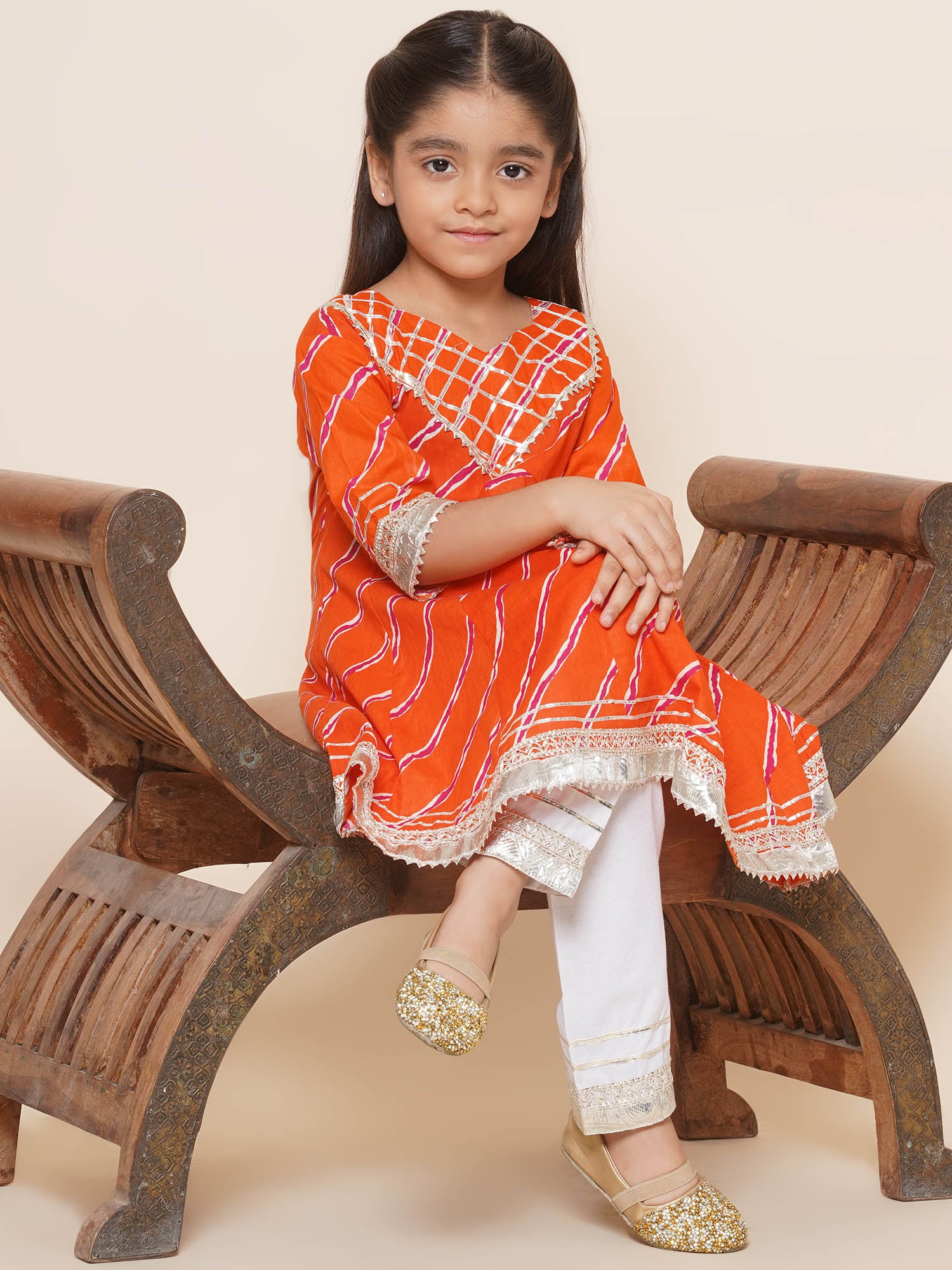 Kids Girls Orange Embroidered Cotton Suit Set - AJ Dezines