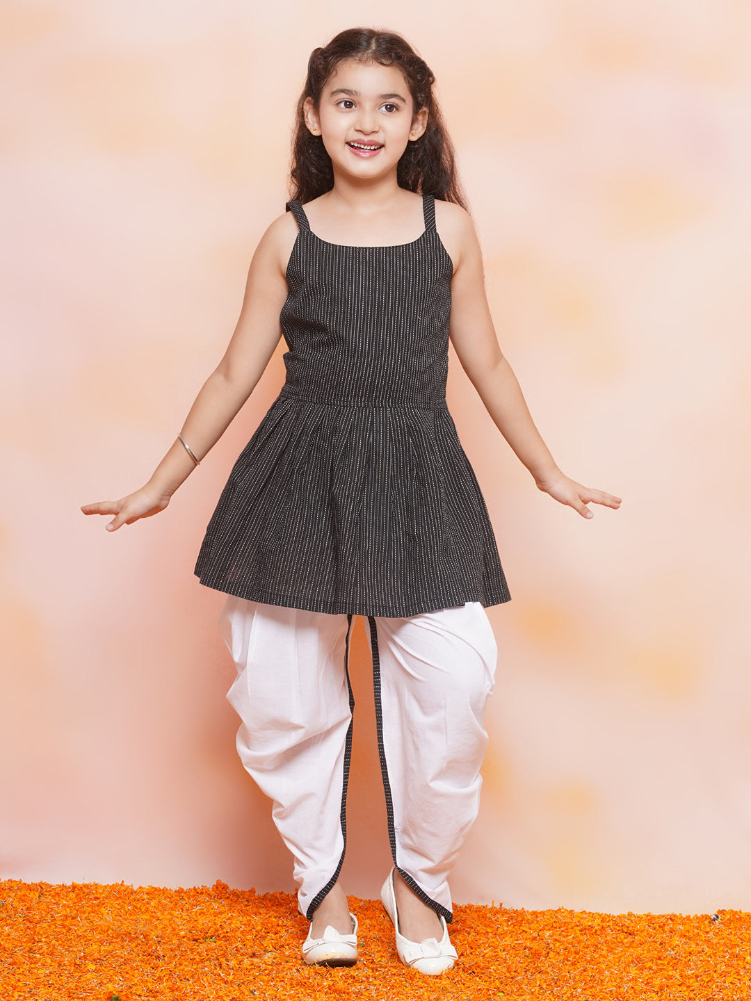 Kids Girls Black Striped Cotton Patiala Suit - AJ Dezines