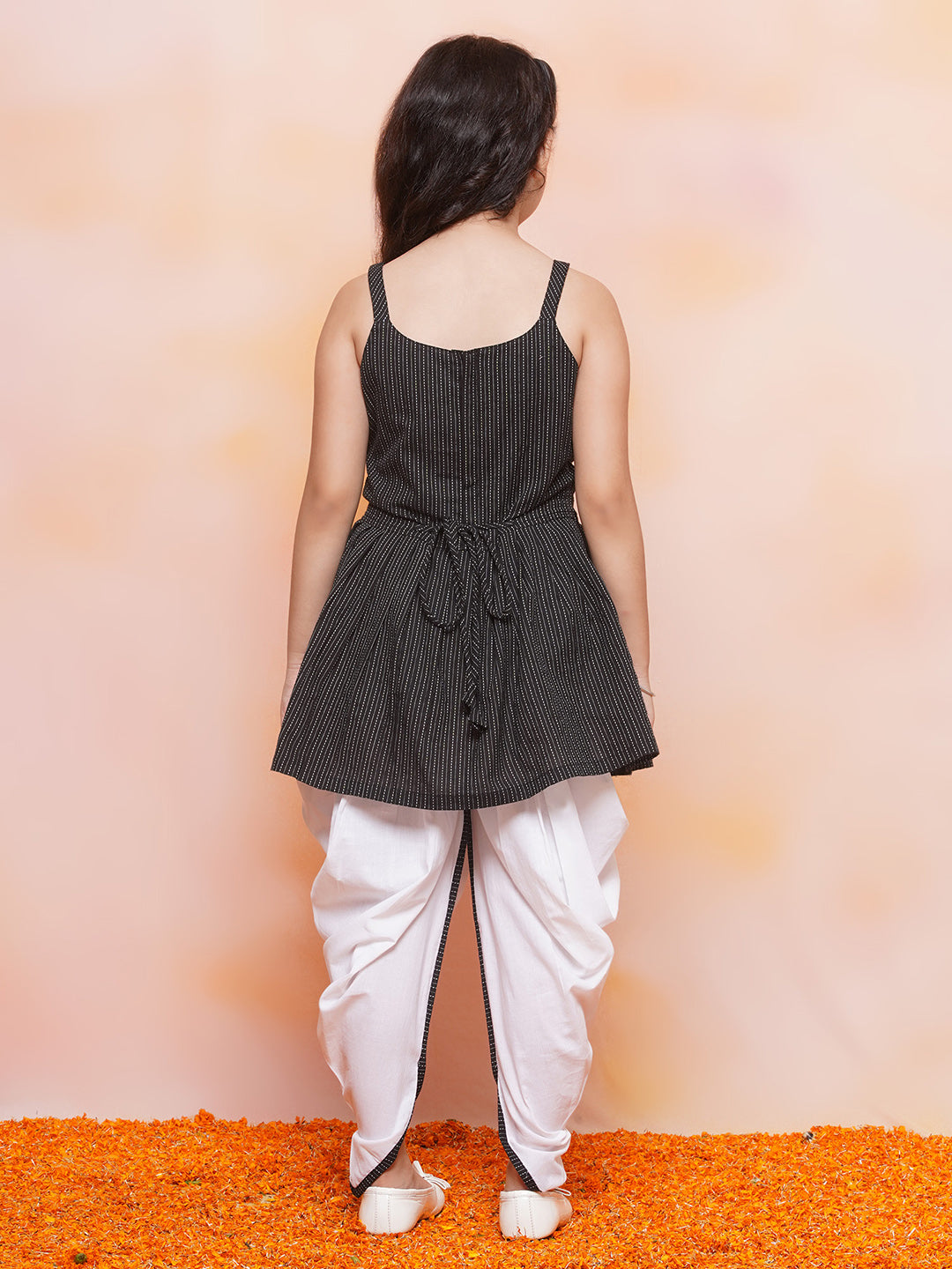 Kids Girls Black Striped Cotton Patiala Suit - AJ Dezines