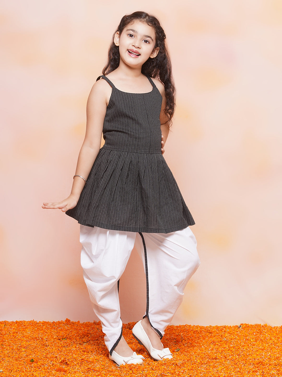 Kids Girls Black Striped Cotton Patiala Suit - AJ Dezines