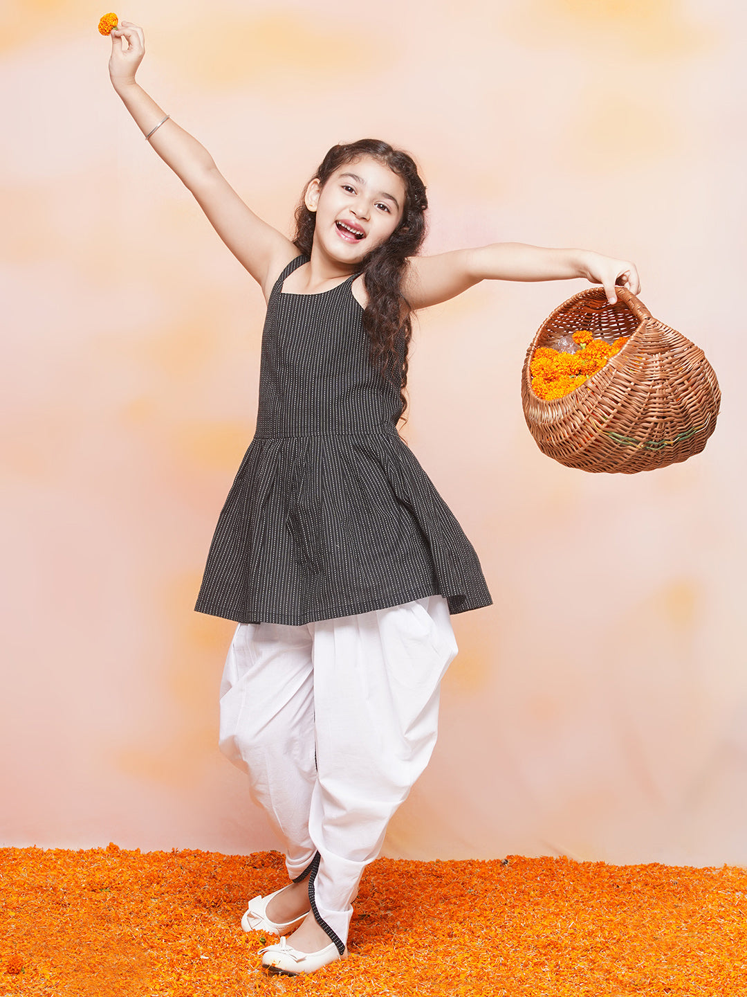 Boys Pure Cotton Kurta Pyjamas and Girls Kurta With Dhoti Pants-Sibling Sets -Black - AJ Dezines