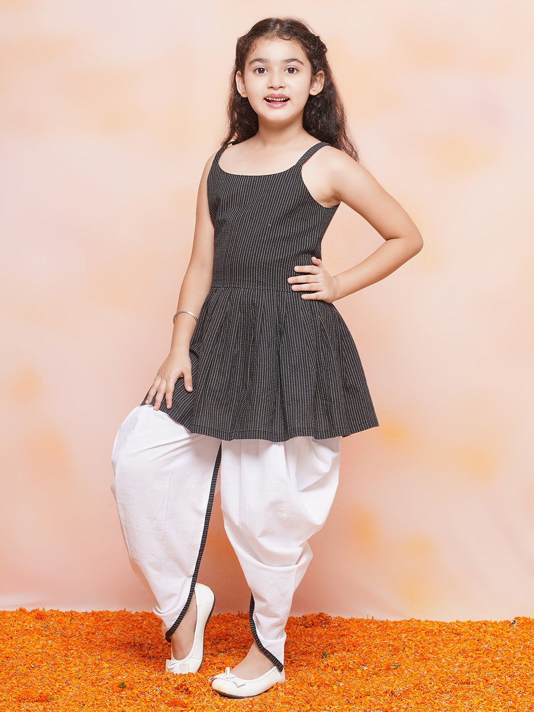 Kids Girls Black Striped Cotton Patiala Suit - AJ Dezines