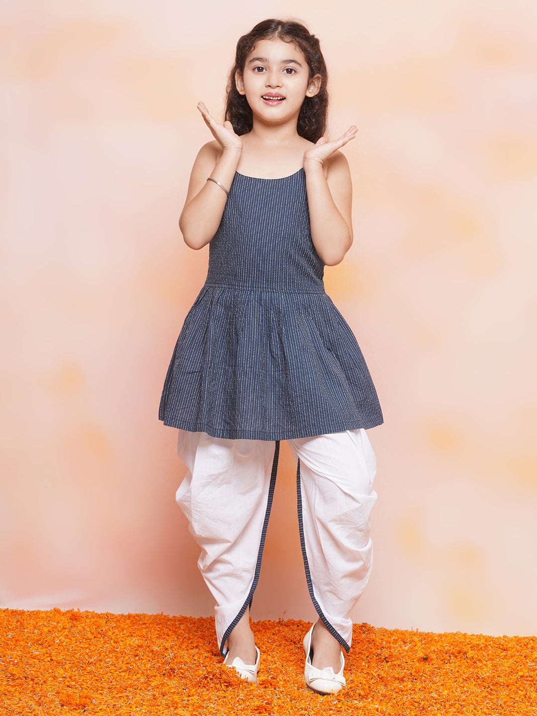 Kids Girls Blue Striped Cotton Patiala Suit - AJ Dezines