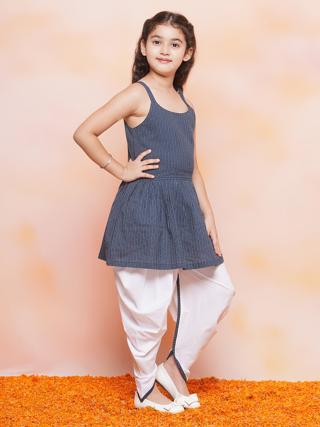 Kids Girls Blue Striped Cotton Patiala Suit - AJ Dezines