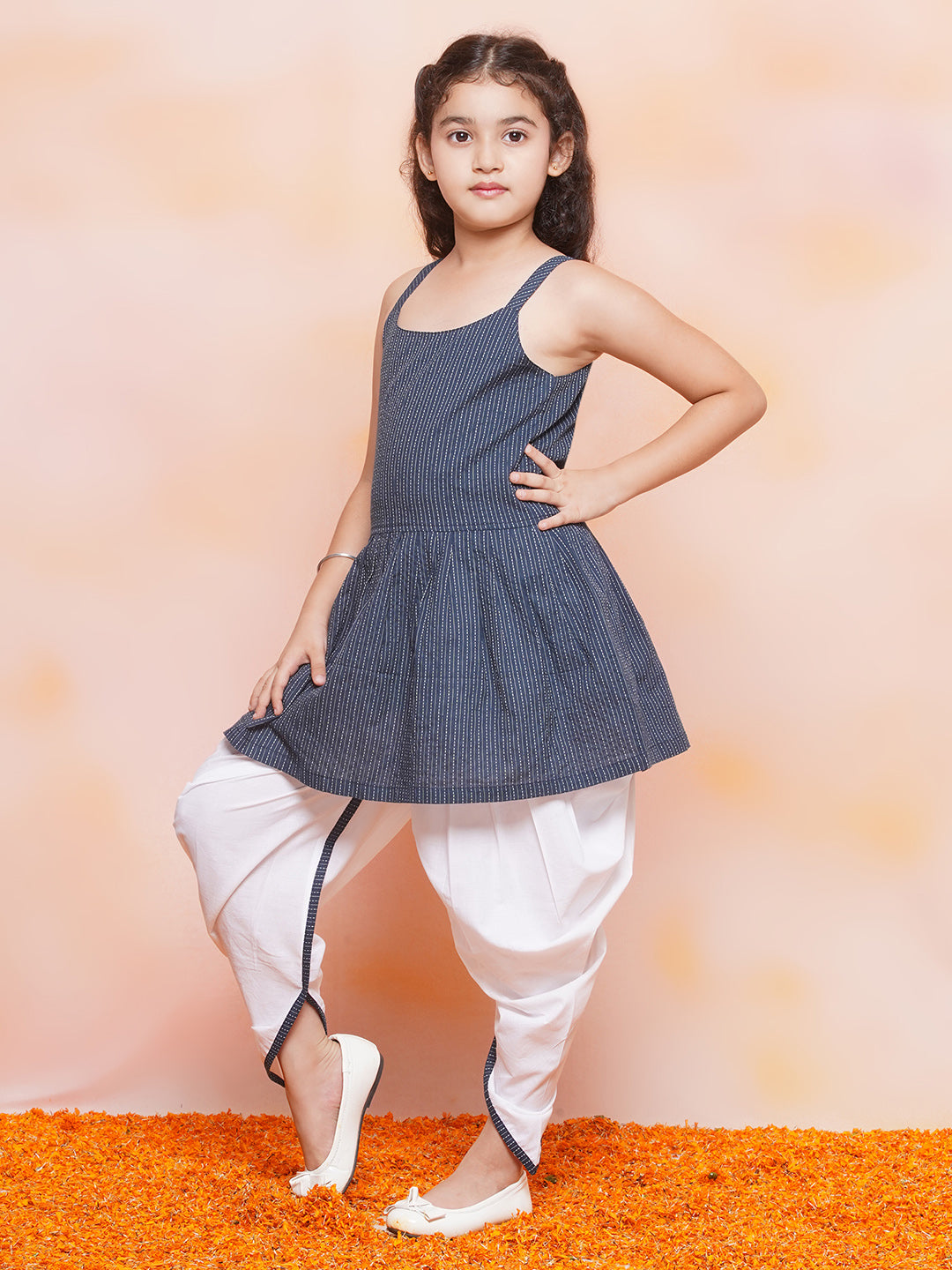 Kids Girls Blue Striped Cotton Patiala Suit - AJ Dezines