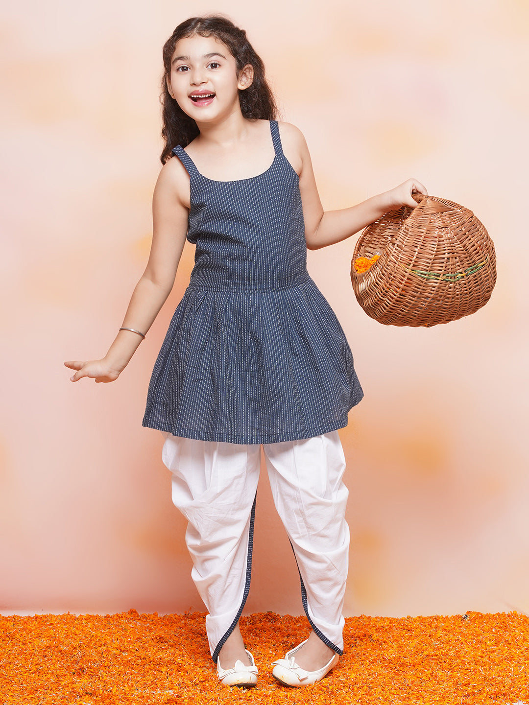 Kids Girls Blue Striped Cotton Patiala Suit - AJ Dezines