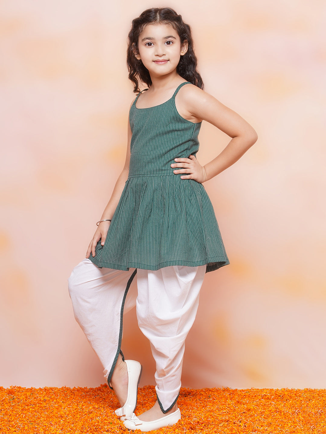 Kids Girls Green Striped Cotton Patiala Suit - AJ Dezines