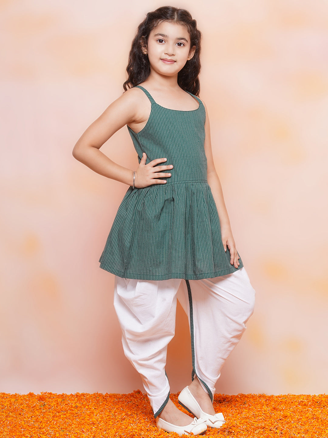 Boys Pure Cotton Kurta Pyjamas and Girls Kurta With Dhoti Pants-Sibling Sets -Green - AJ Dezines