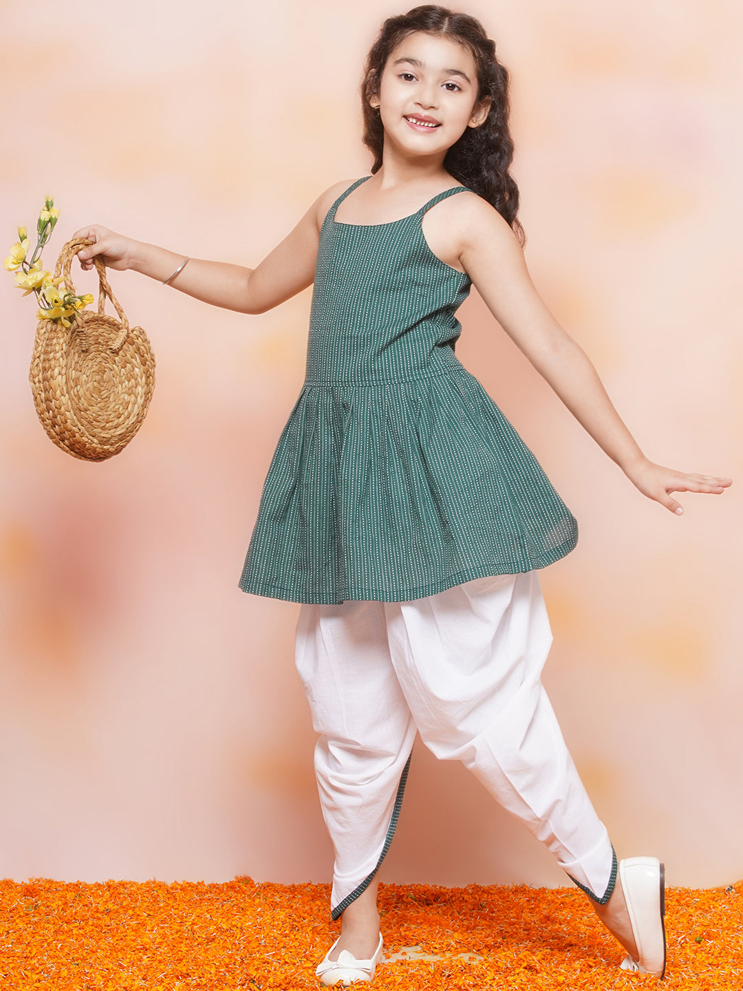 Kids Girls Green Striped Cotton Patiala Suit - AJ Dezines