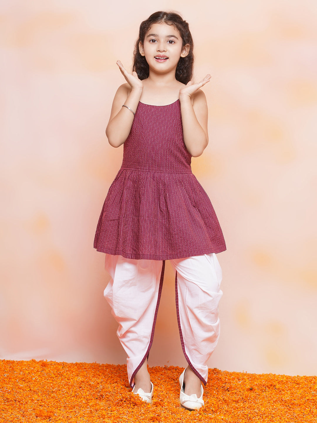 Kids Girls Red Striped Cotton Patiala Suit - AJ Dezines
