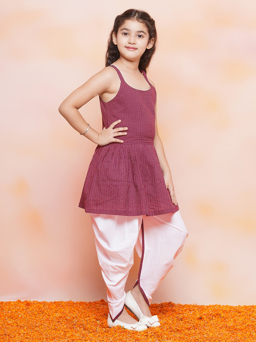 Kids Girls Red Striped Cotton Patiala Suit - AJ Dezines