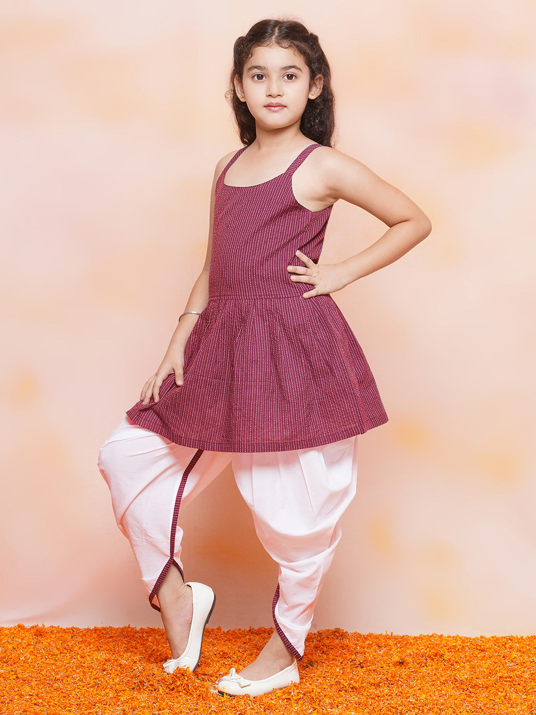 Kids Girls Red Striped Cotton Patiala Suit - AJ Dezines