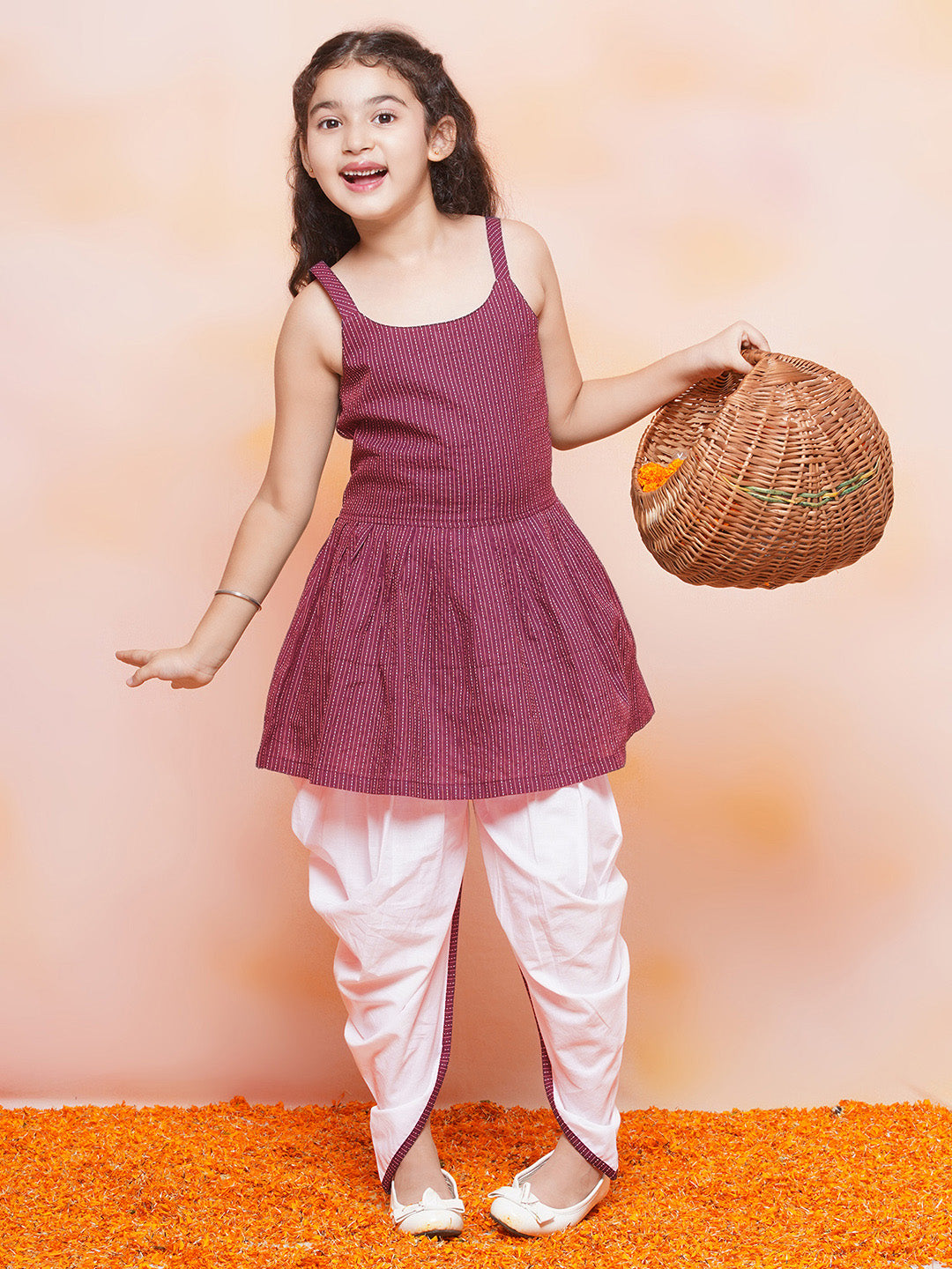 Kids Girls Red Striped Cotton Patiala Suit - AJ Dezines