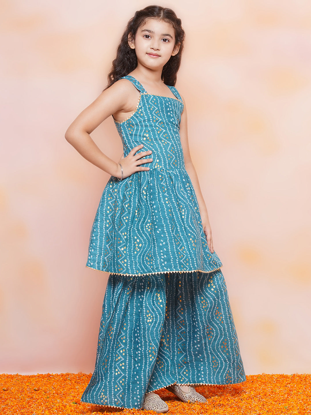 Kids Girls Blue Printed Cotton Sharara - AJ Dezines