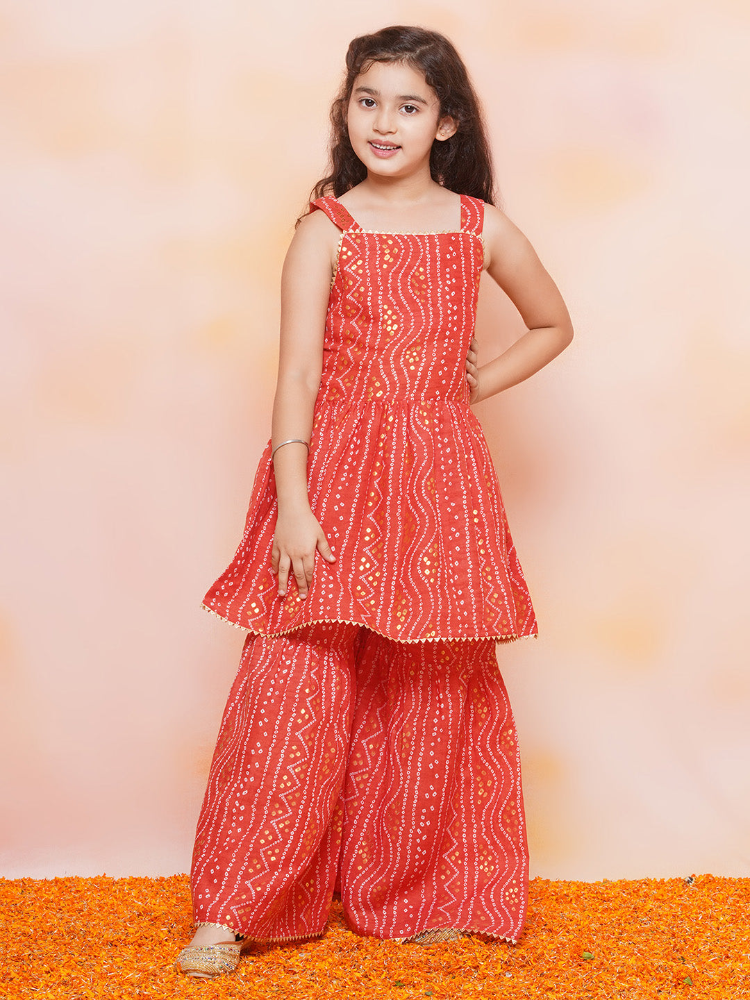 Kids Girls Red Printed Cotton Sharara - AJ Dezines