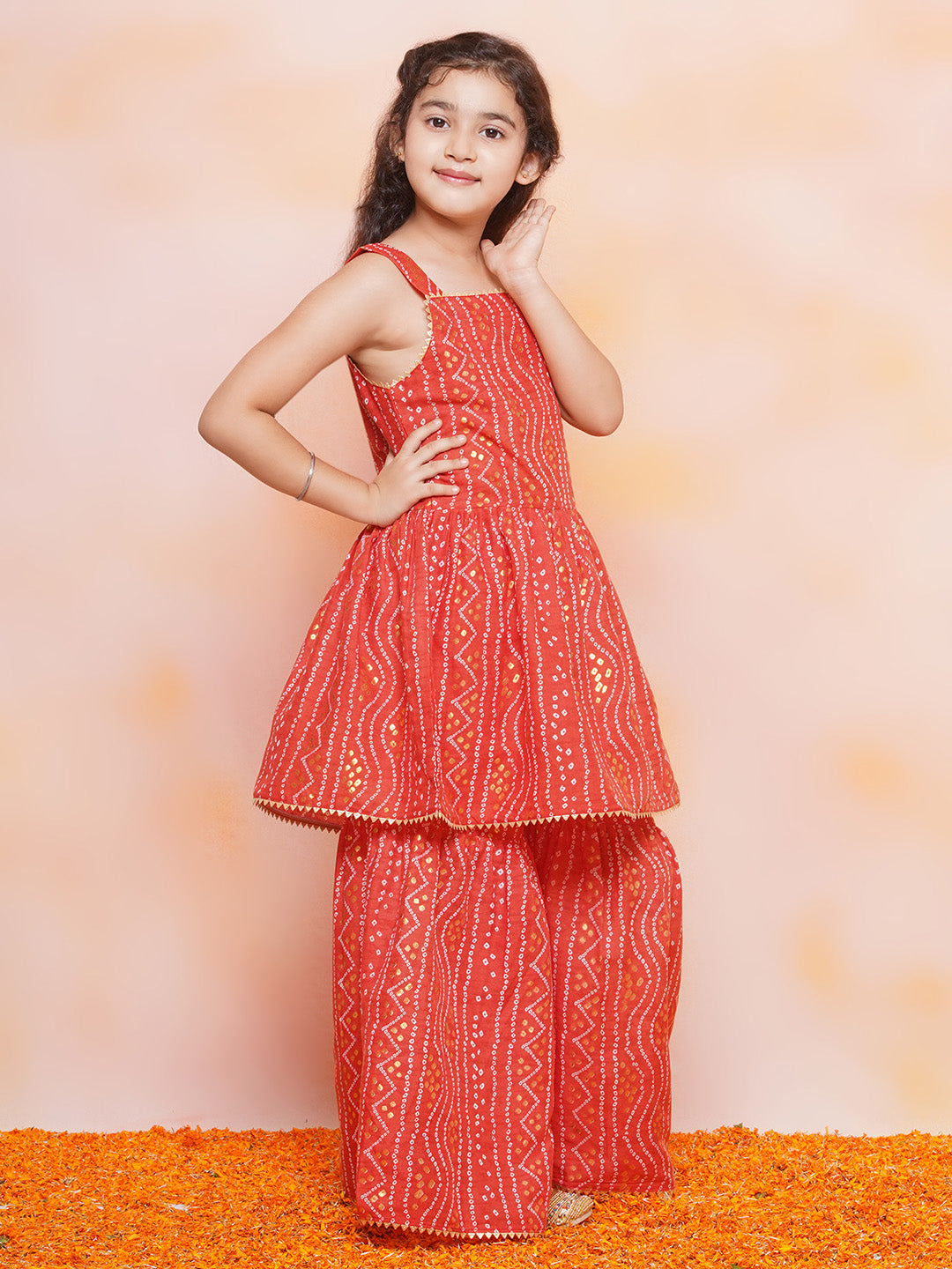 Kids Girls Red Printed Cotton Sharara - AJ Dezines