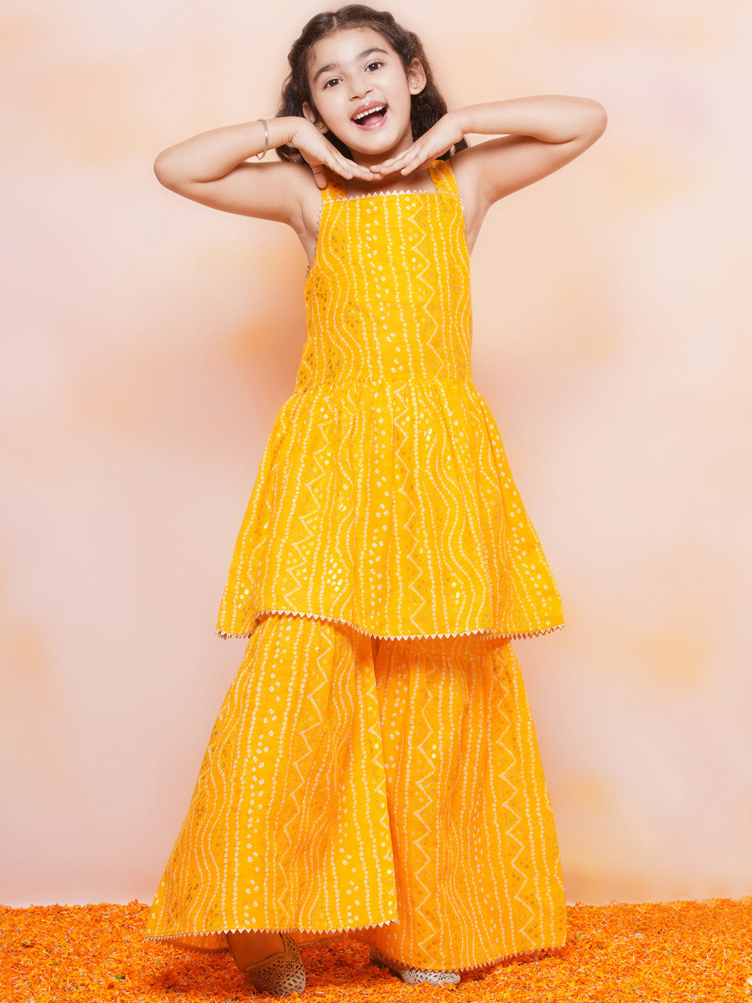 Kids Girls Yellow Printed Cotton Sharara - AJ Dezines