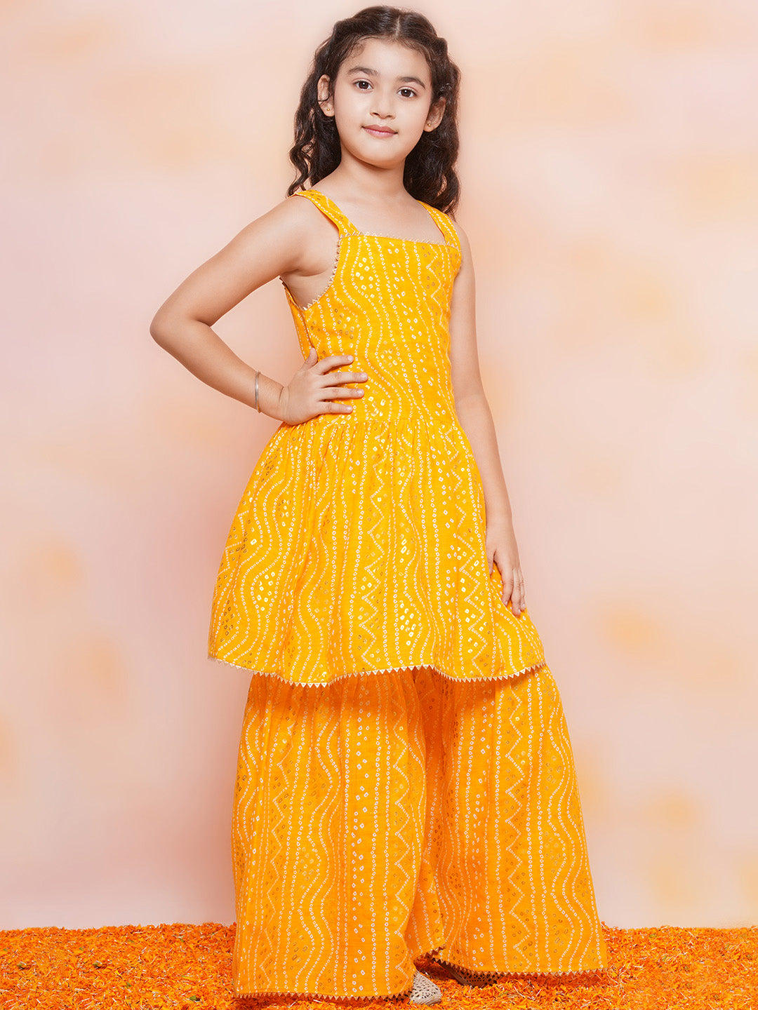 Kids Girls Yellow Printed Cotton Sharara - AJ Dezines