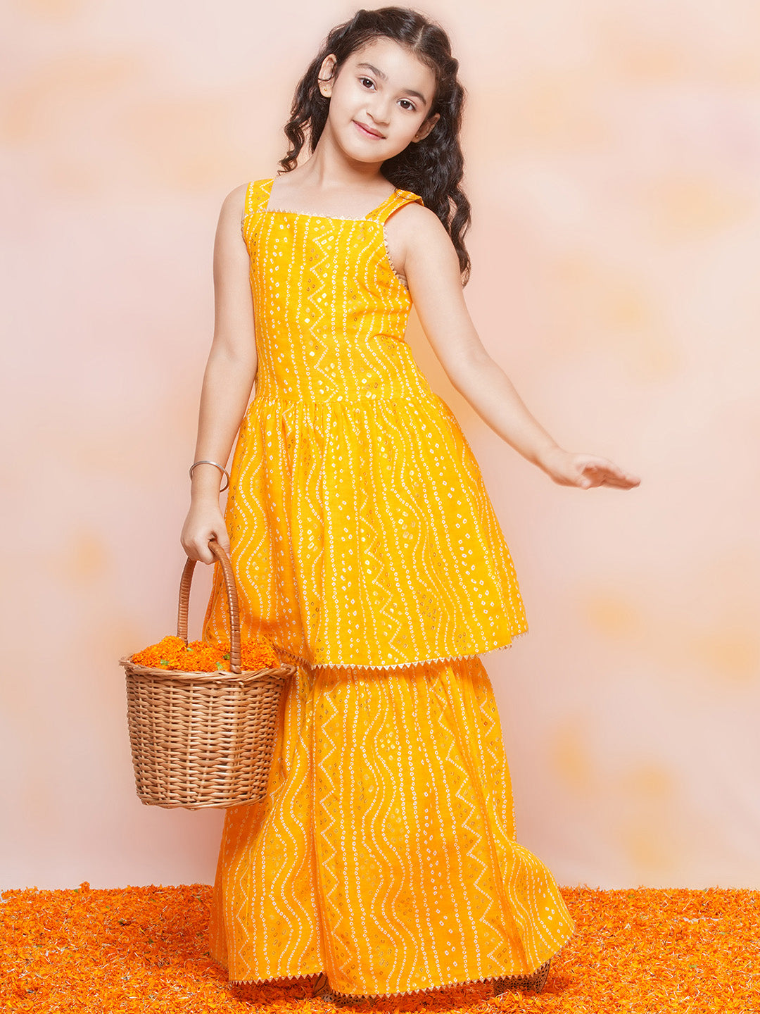 Kids Girls Yellow Printed Cotton Sharara - AJ Dezines