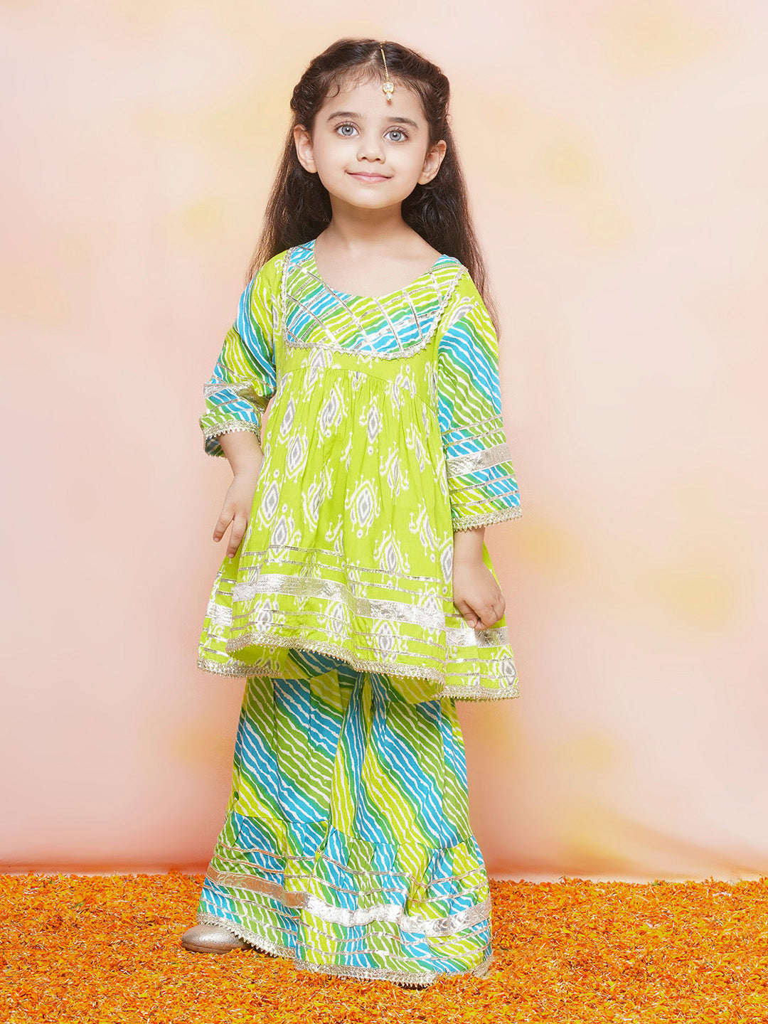 Boys Leheriya Pure Cotton Kurta Pyjamas and Girls Kurta & Sharara Sibling Sets -Blue - AJ Dezines