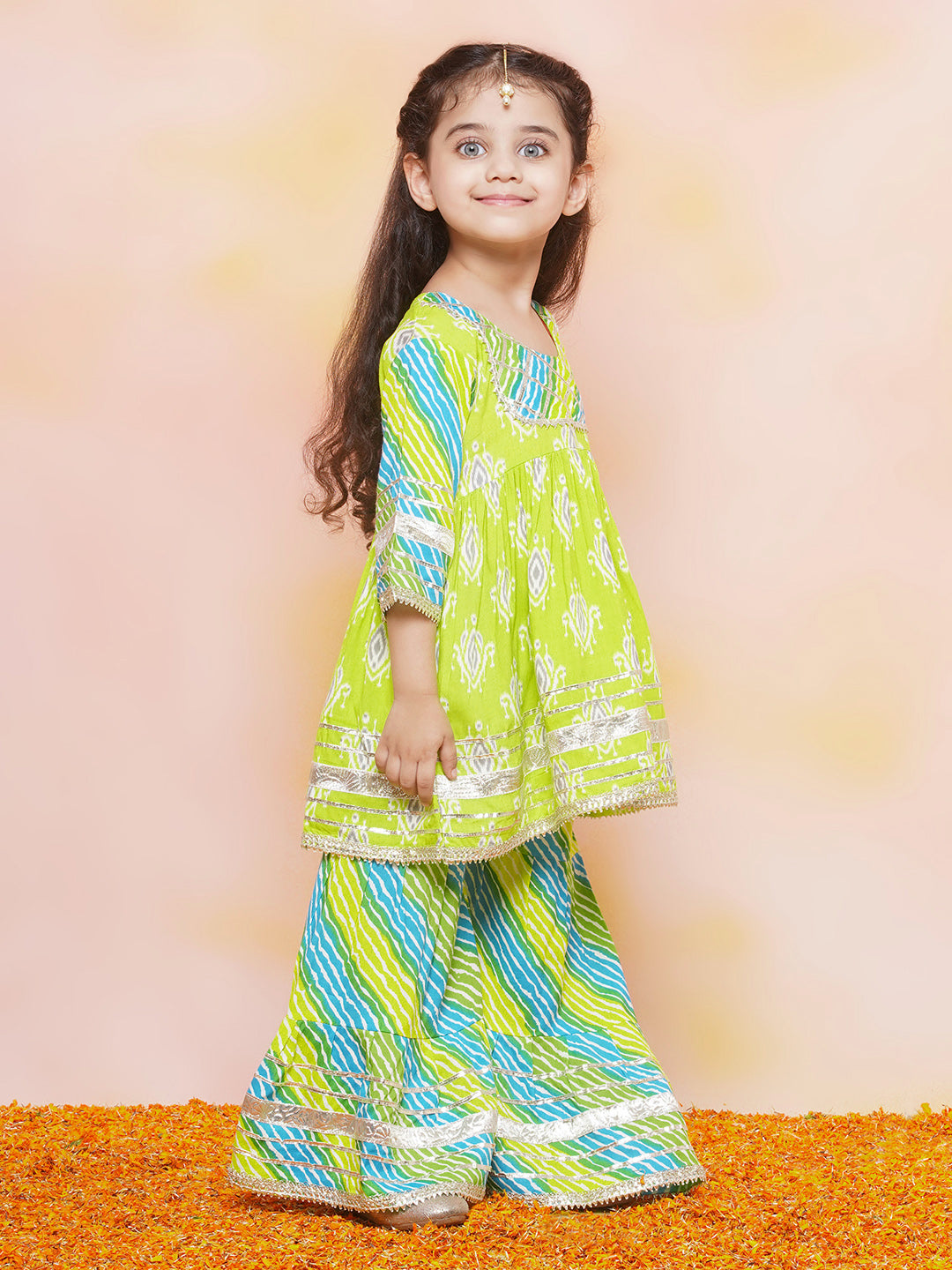 Boys Leheriya Pure Cotton Kurta Pyjamas and Girls Kurta & Sharara Sibling Sets -Blue - AJ Dezines