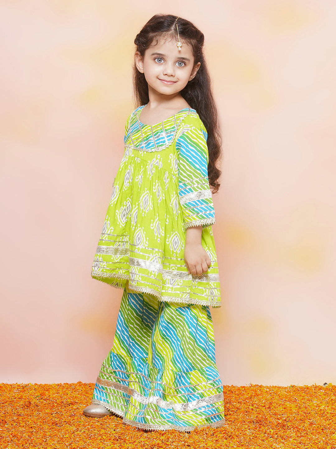 Boys Leheriya Pure Cotton Kurta Pyjamas and Girls Kurta & Sharara Sibling Sets -Blue - AJ Dezines