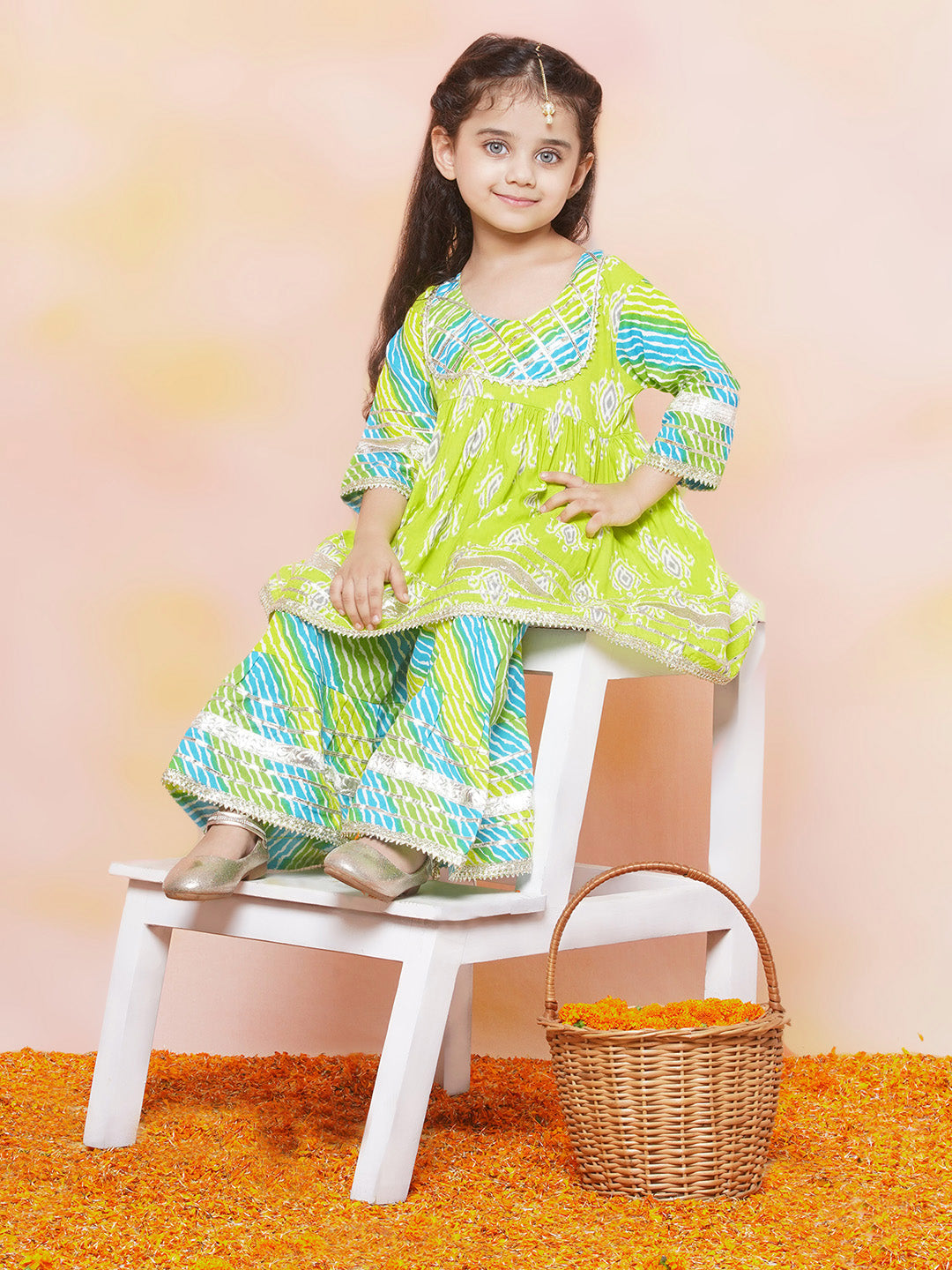 Boys Leheriya Pure Cotton Kurta Pyjamas and Girls Kurta & Sharara Sibling Sets -Blue - AJ Dezines