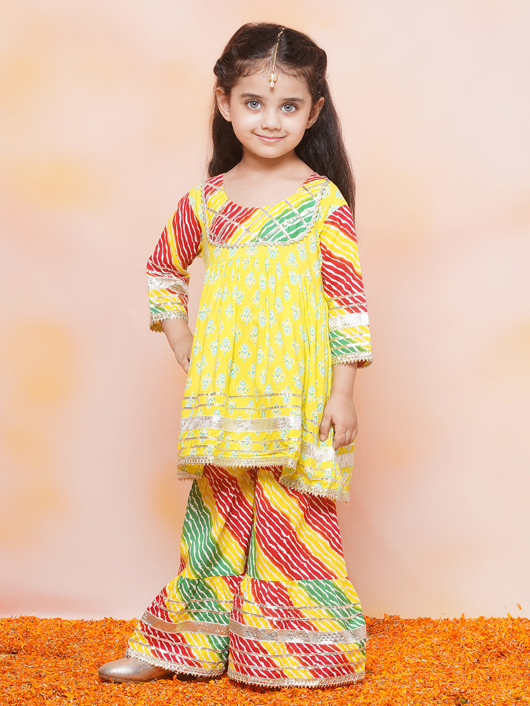 Boys Leheriya Pure Cotton Kurta Pyjamas and Girls Kurta & Sharara Sibling Sets -Red - AJ Dezines